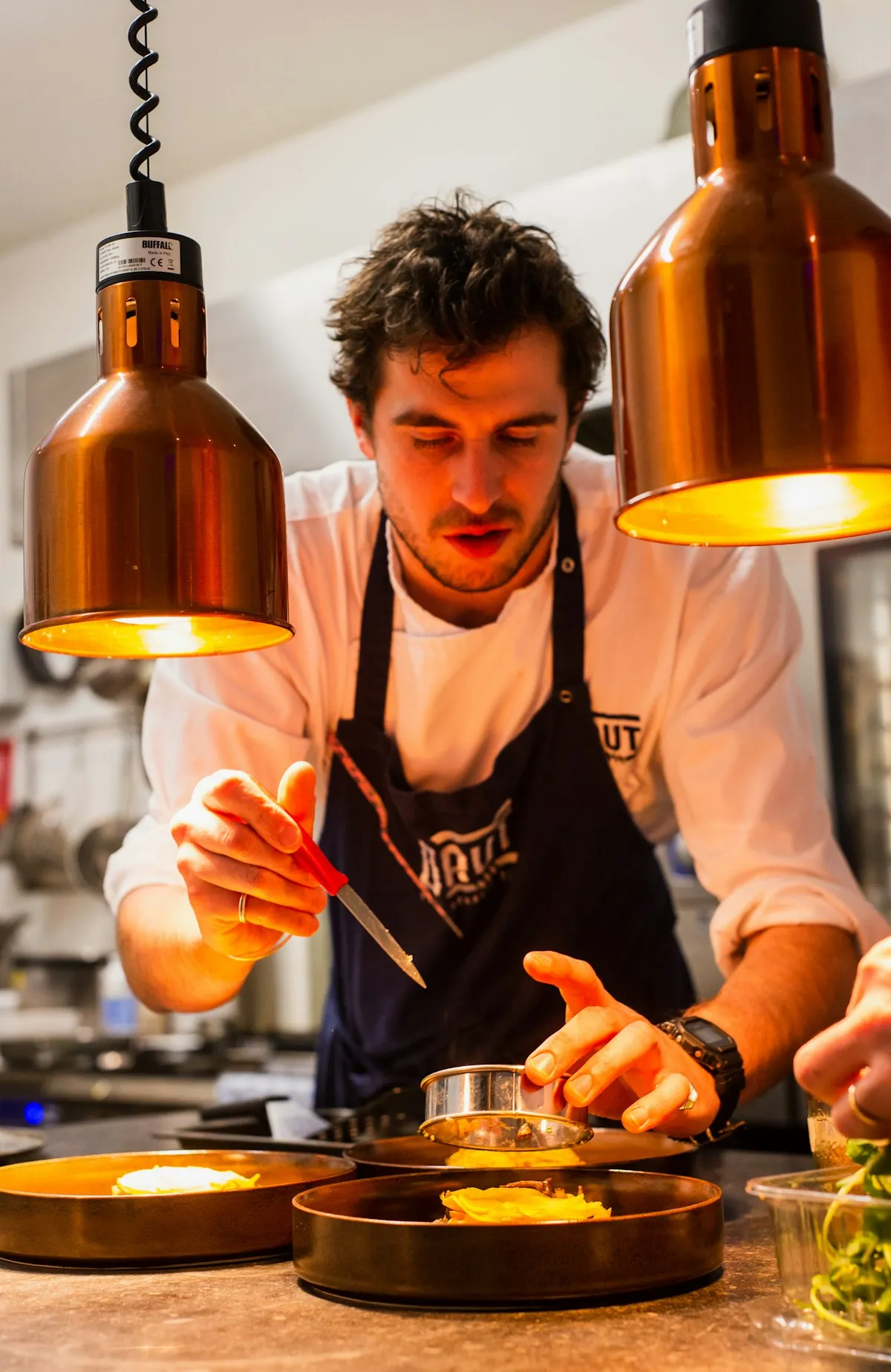 Chef preparing dish in professional kitchen