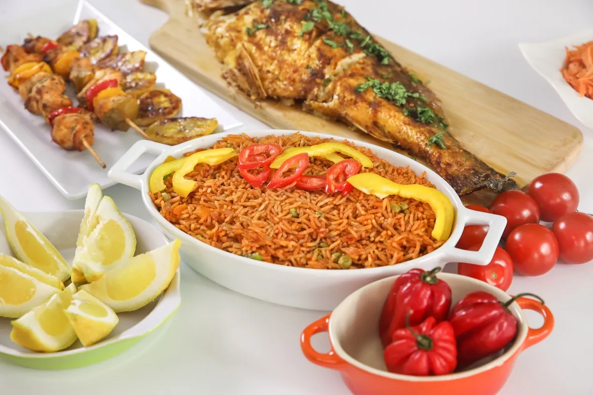 African cuisine platter with jollof rice