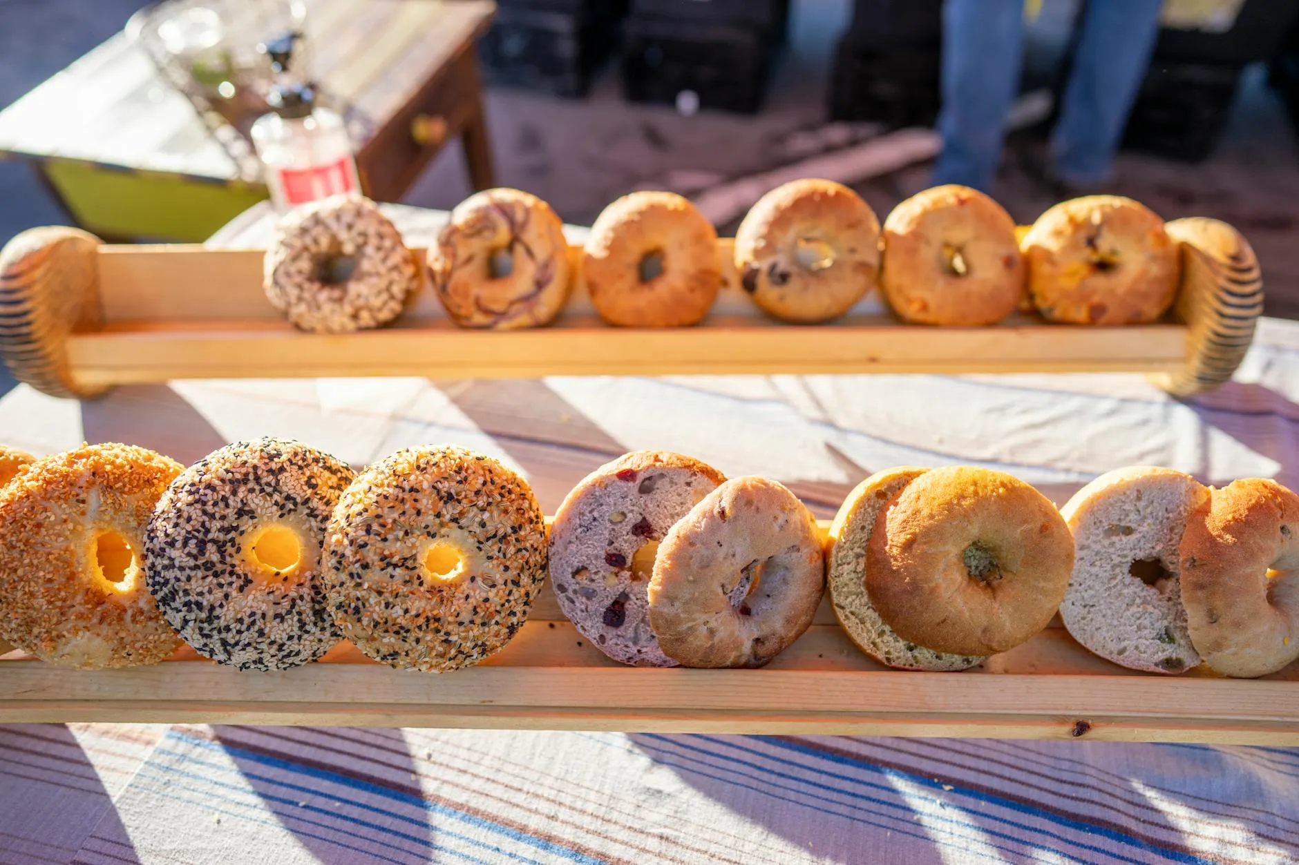 Bagels stacked on a counter