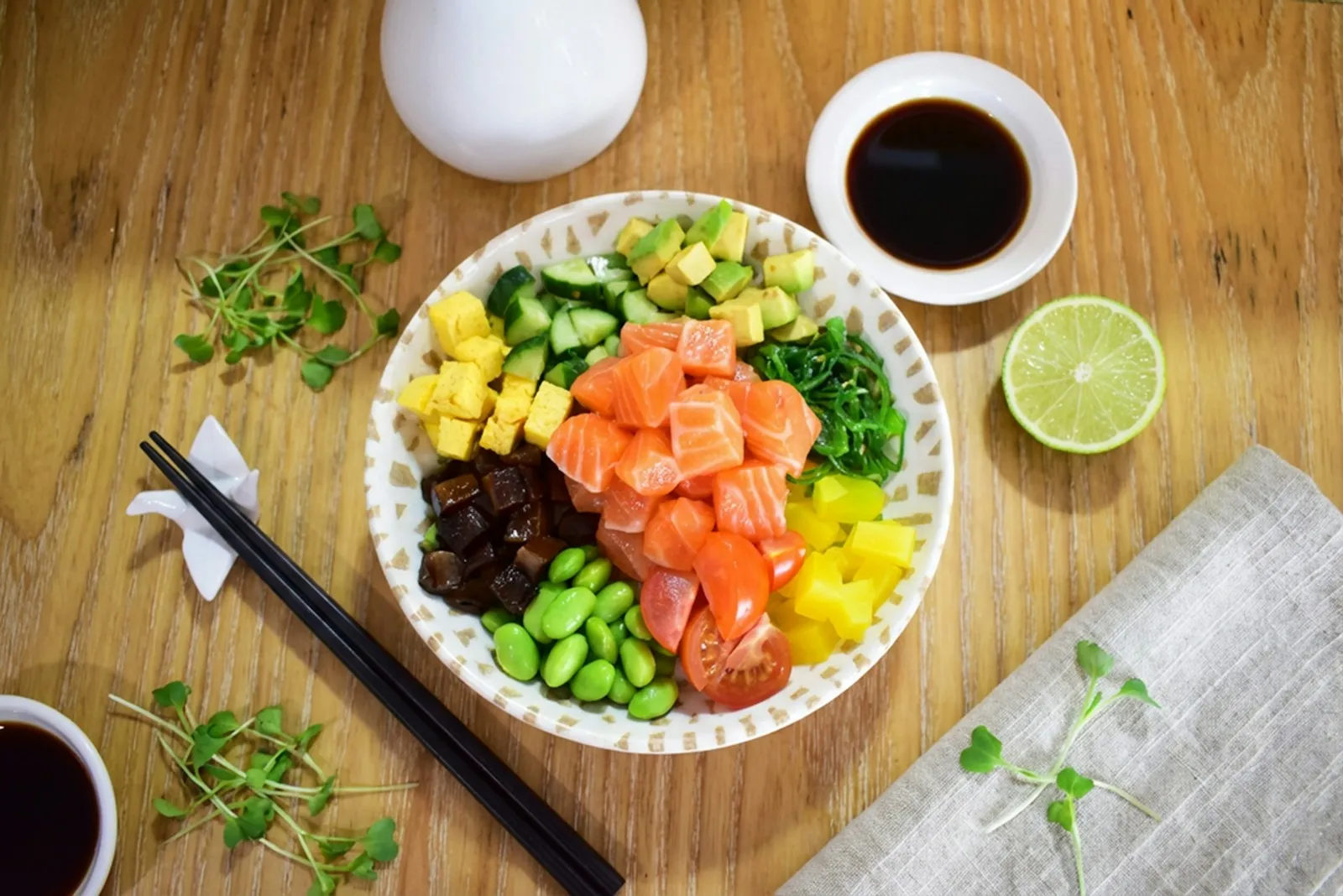 Build-your-own poke bowl ingredients lineup