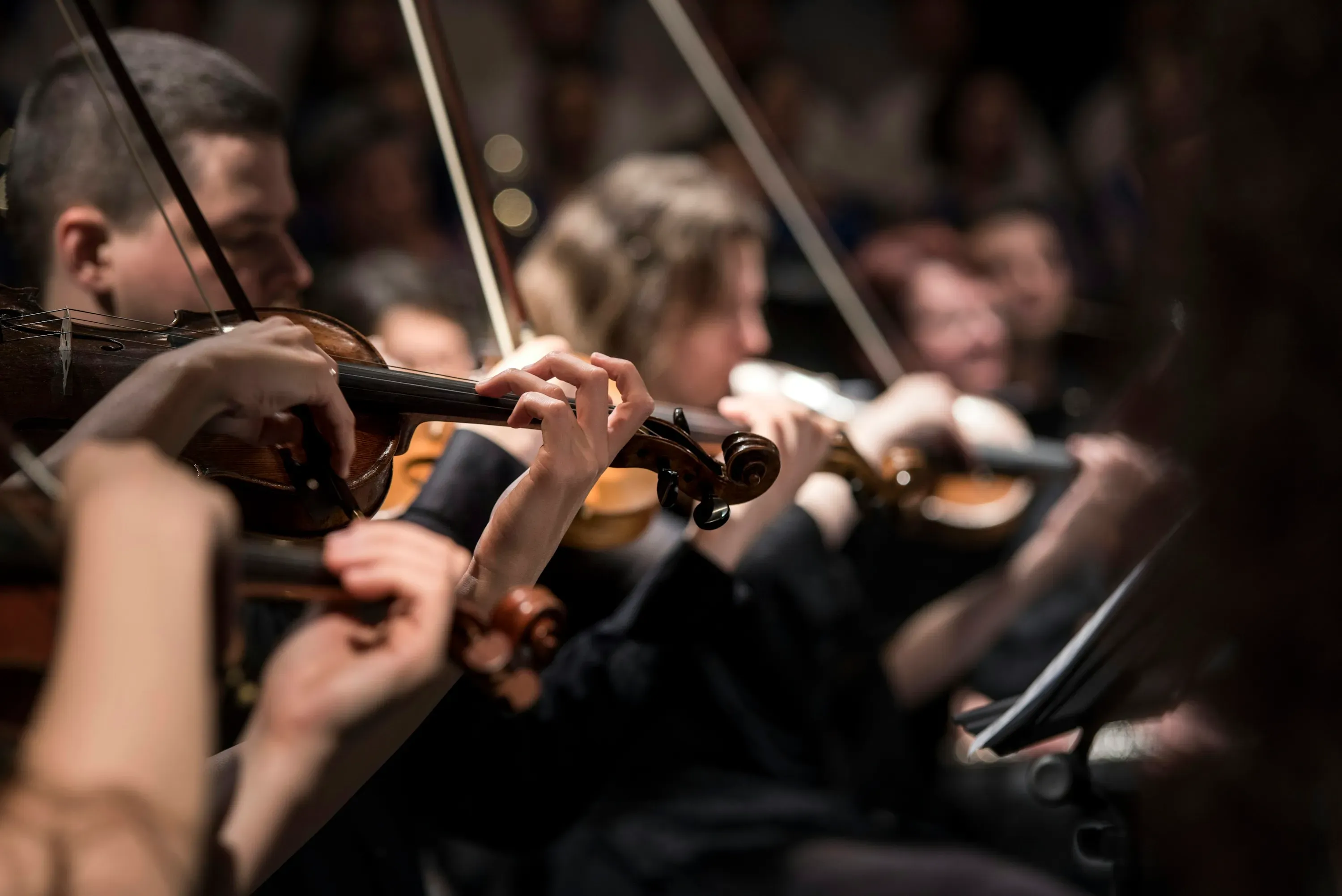 Orchestra performing holiday concert on stage.