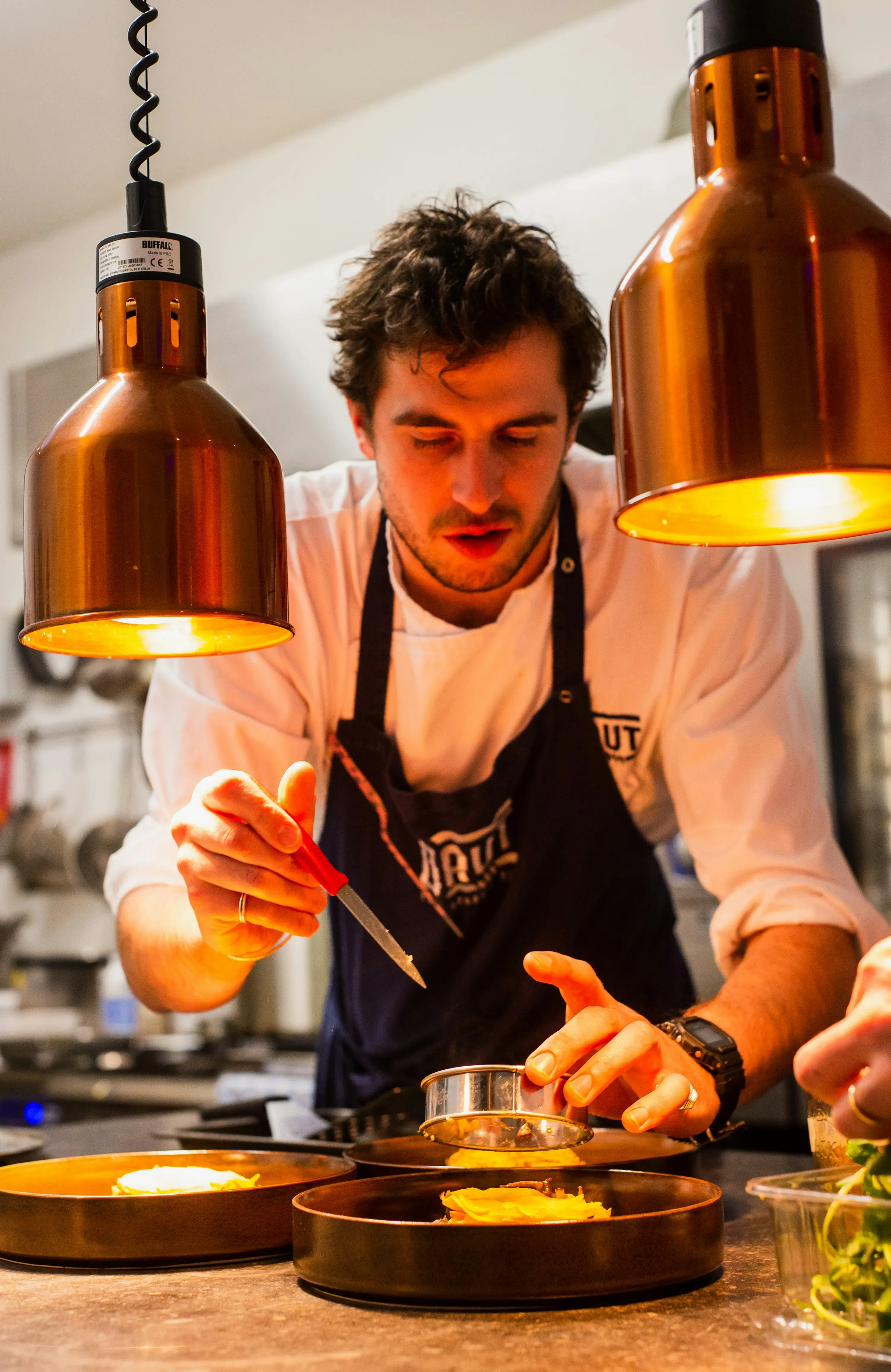 Chef preparing gourmet dish in professional kitchen.