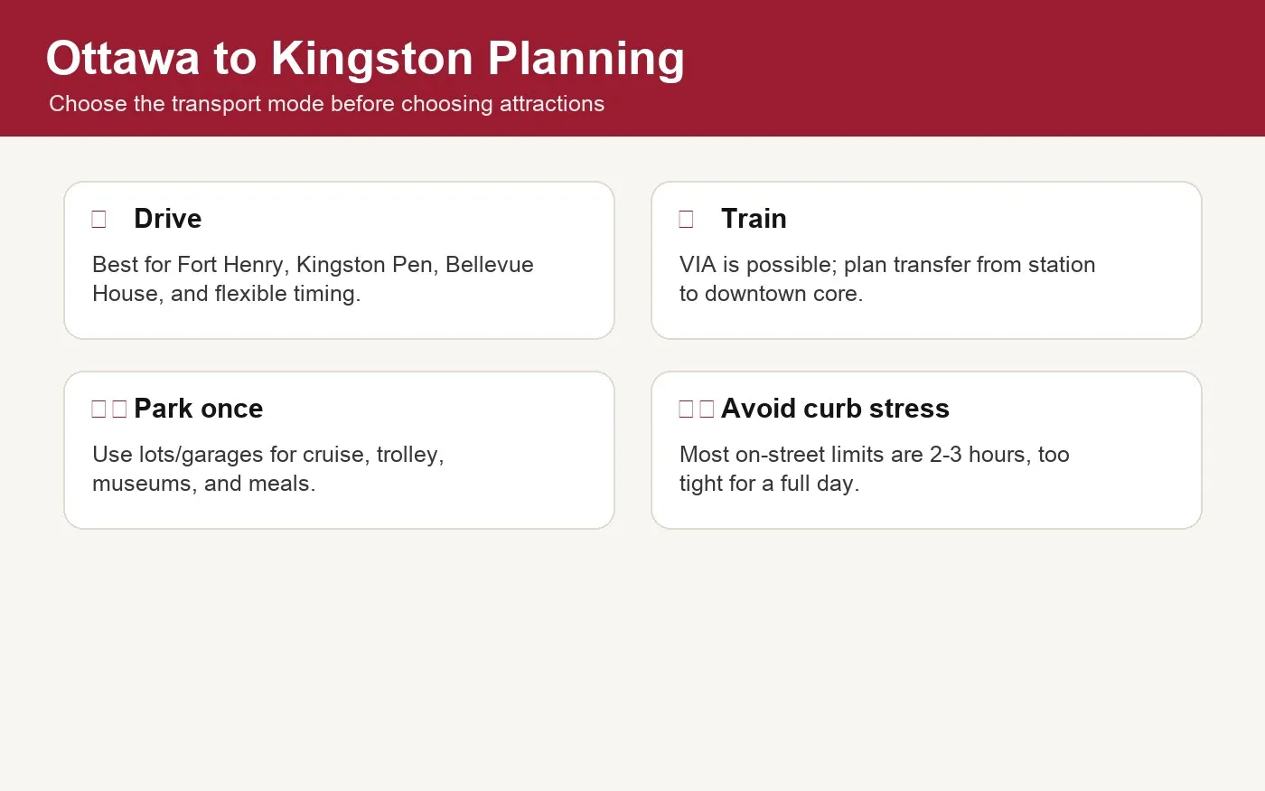 Route planning graphic for Ottawa to Kingston by car, train, and downtown parking