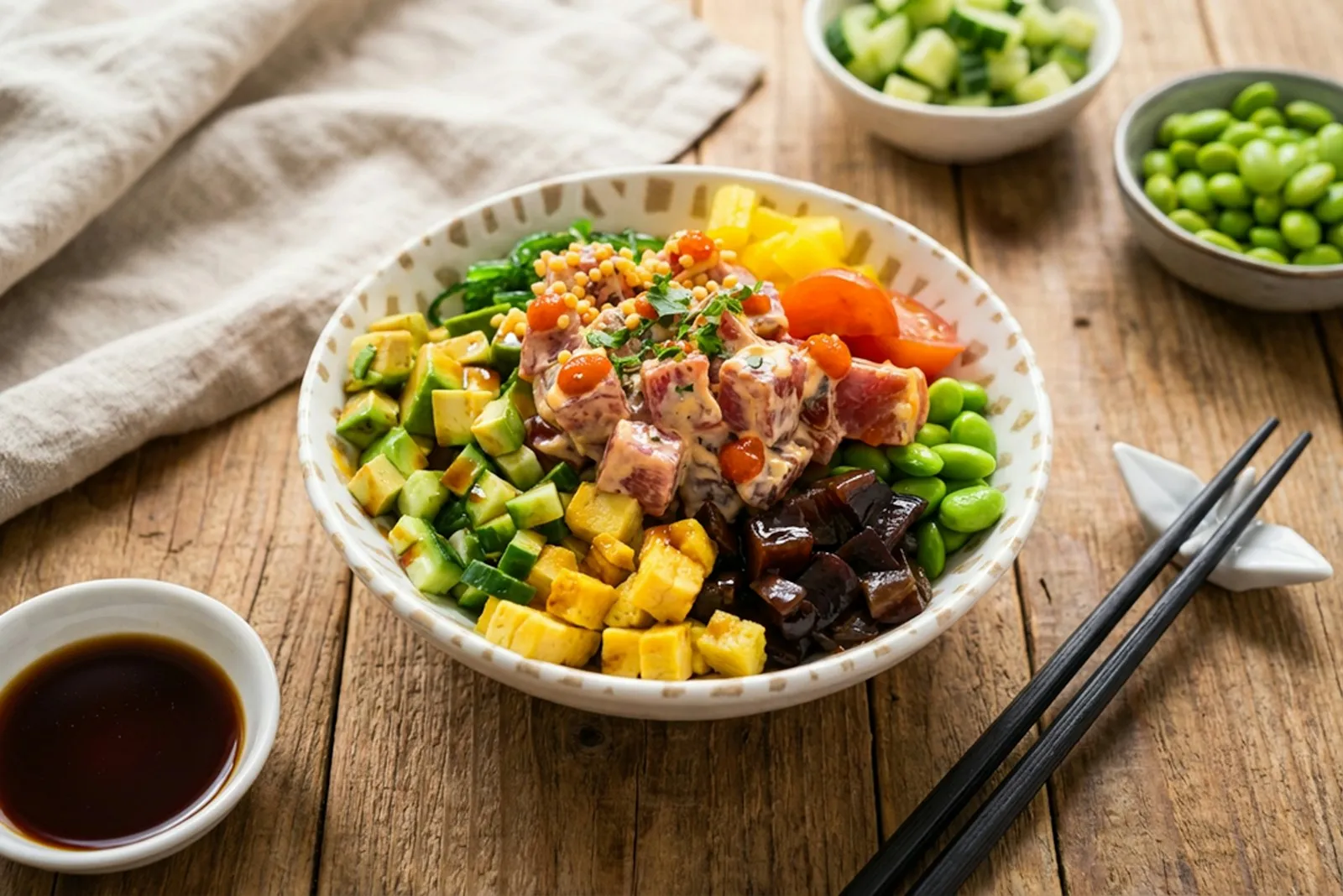 Poke bowls arranged for a side-by-side comparison