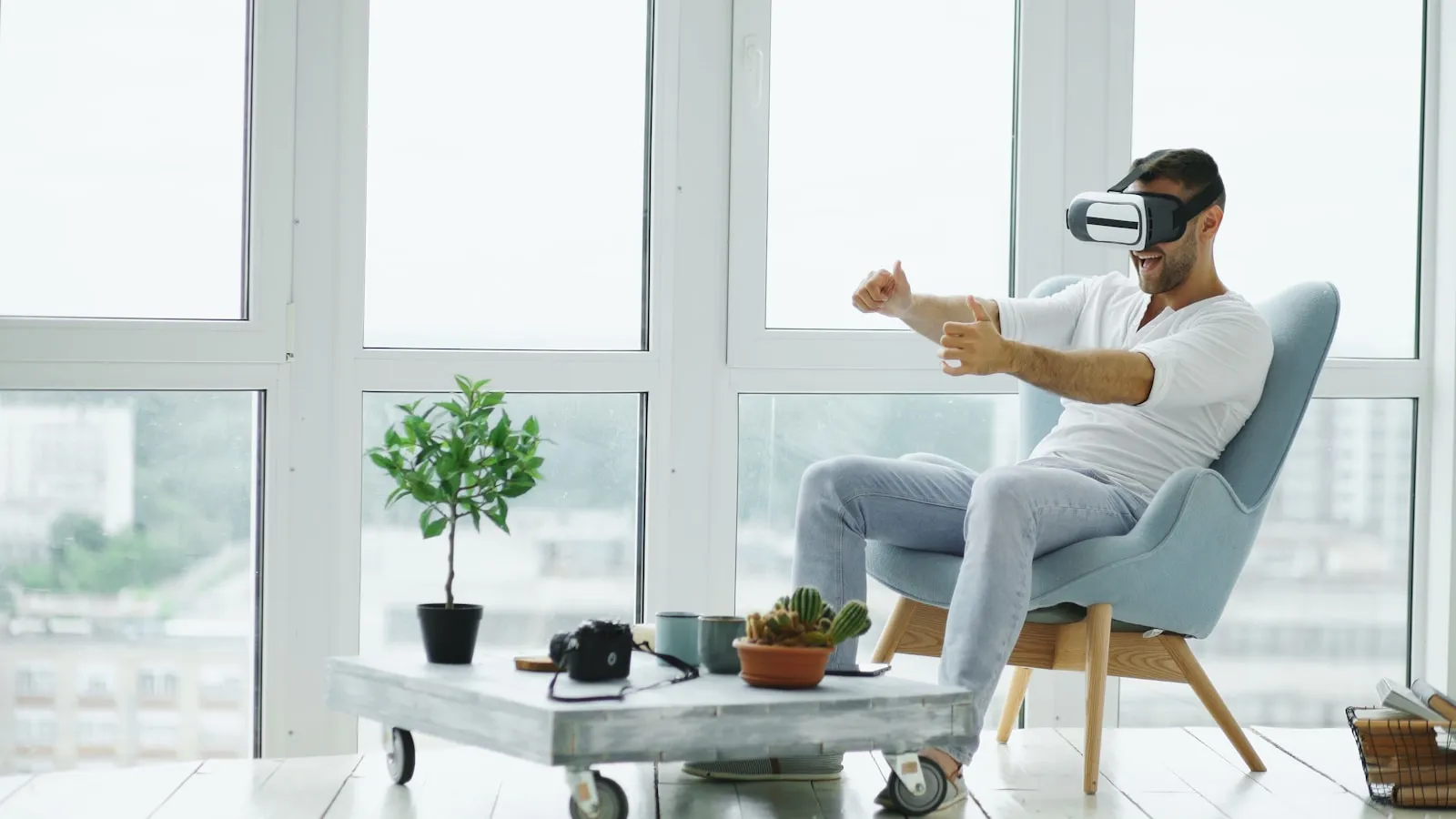 VR headset and controller on a bench