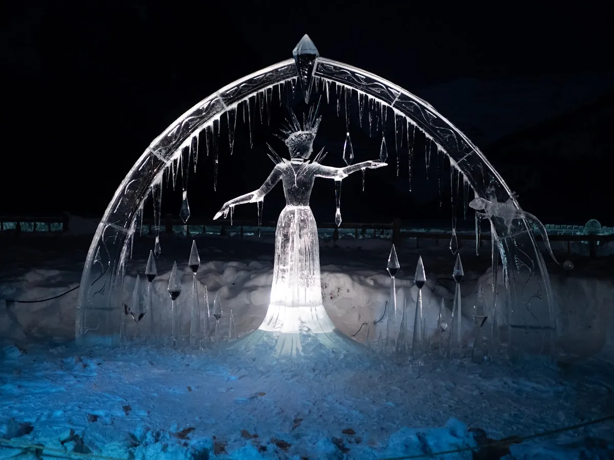 Ice sculptures at Winterlude illuminated at night