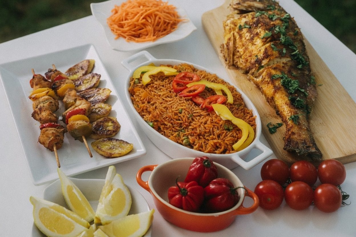 African cuisine platter with jollof rice