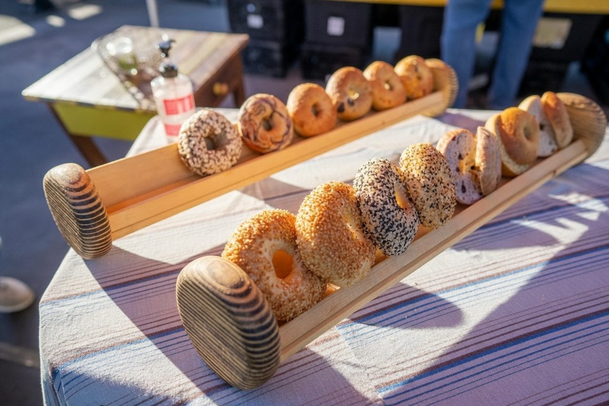 Bagels stacked on a counter