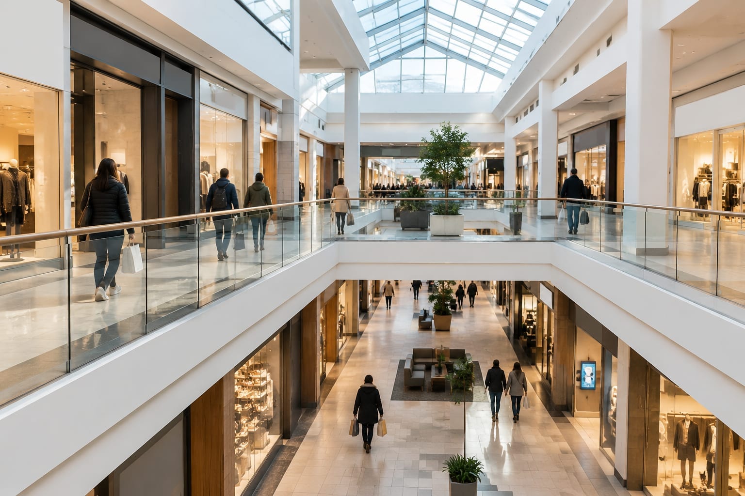 Shoppers walking through a bright two-level shopping mall concourse in Ottawa's west end