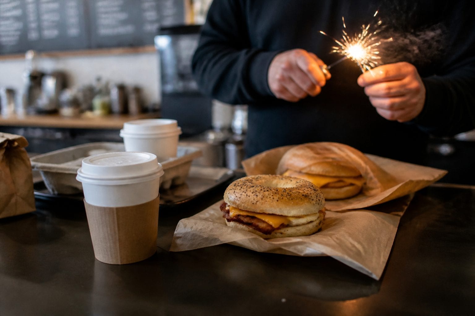 Breakfast sandwiches, bagels, and takeaway coffee on a city counter