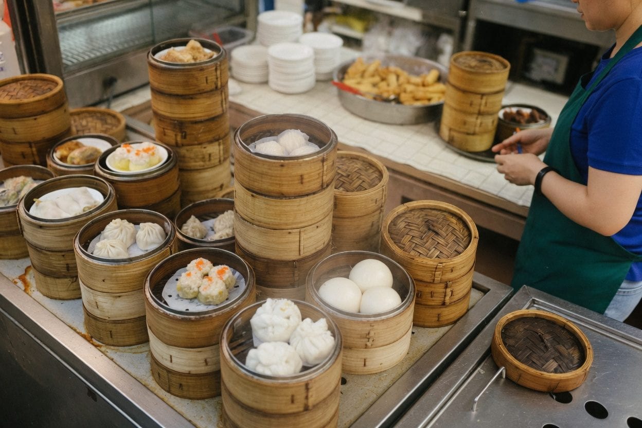 Sea King dim sum spread with bamboo steamers, rice rolls, buns, and small shared plates