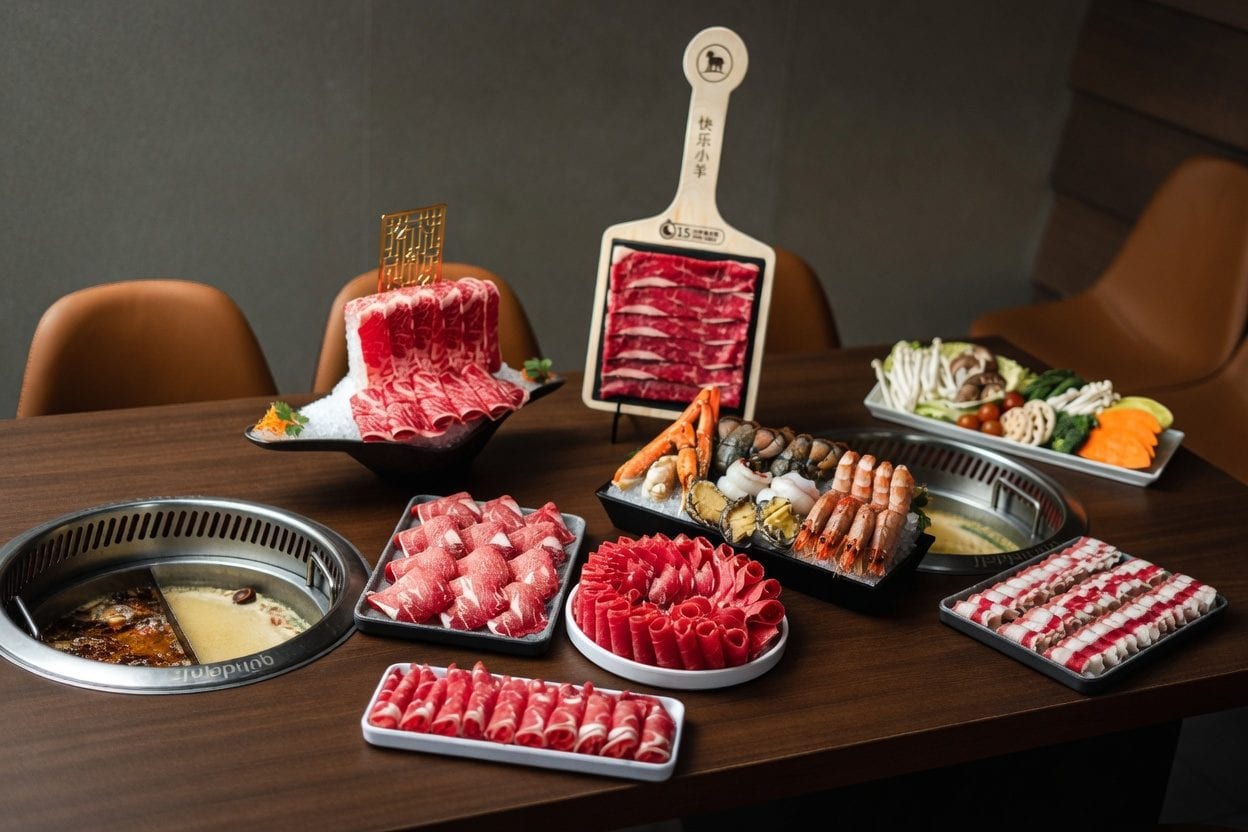 Happy Lamb Hot Pot table with broth, sliced meats, vegetables, and dipping setup for communal dining