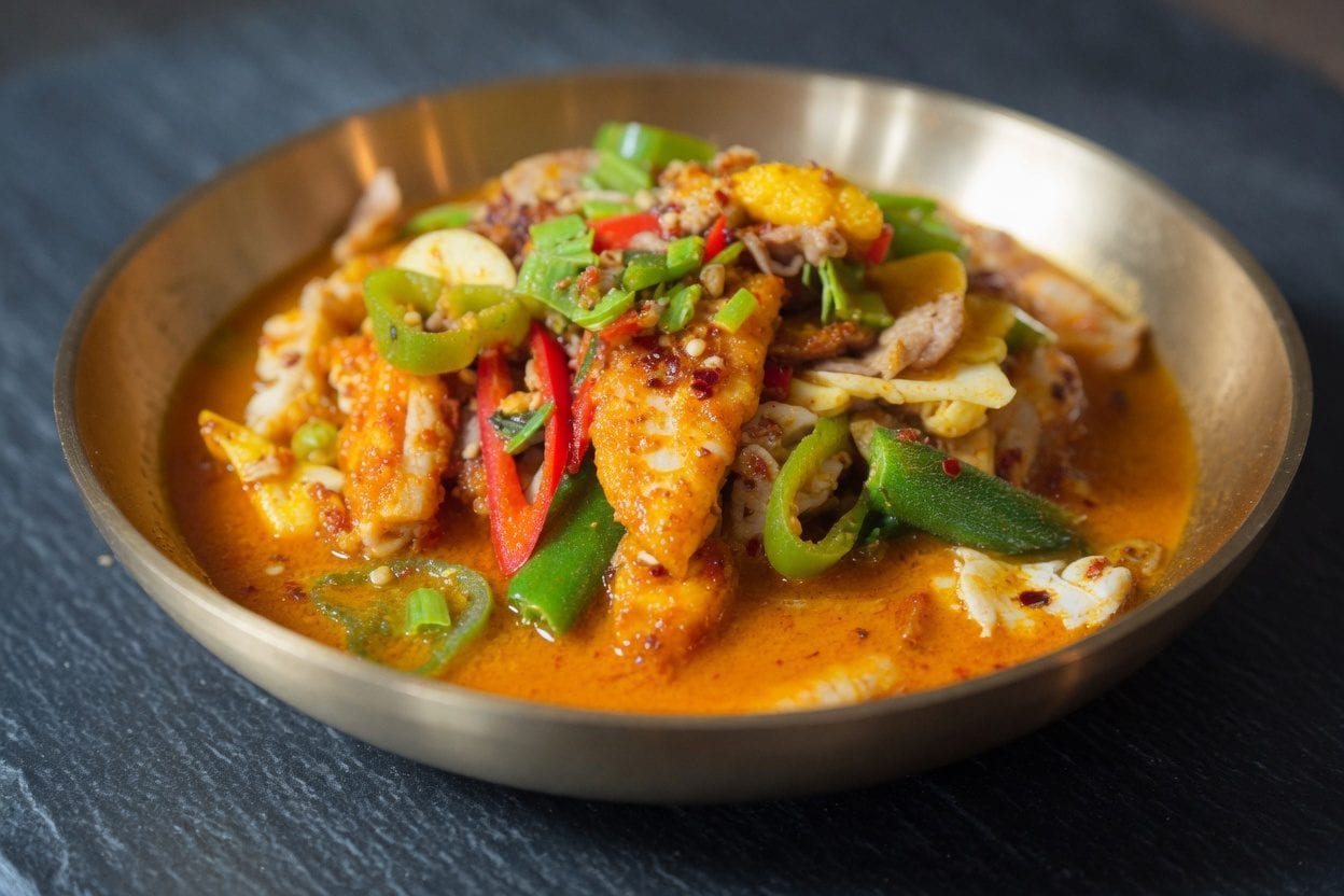 Papa Spicy chilli-heavy fish dish with peppers and orange-red sauce