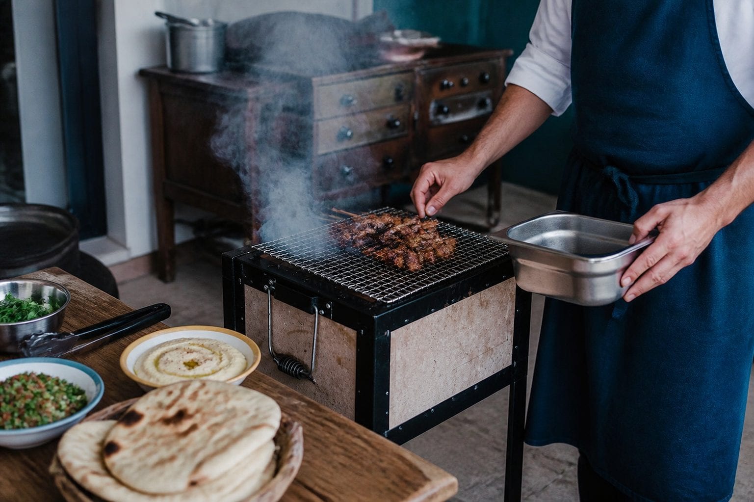 Charcoal-grilled Mediterranean meats, hummus, tabouli, and warm pita