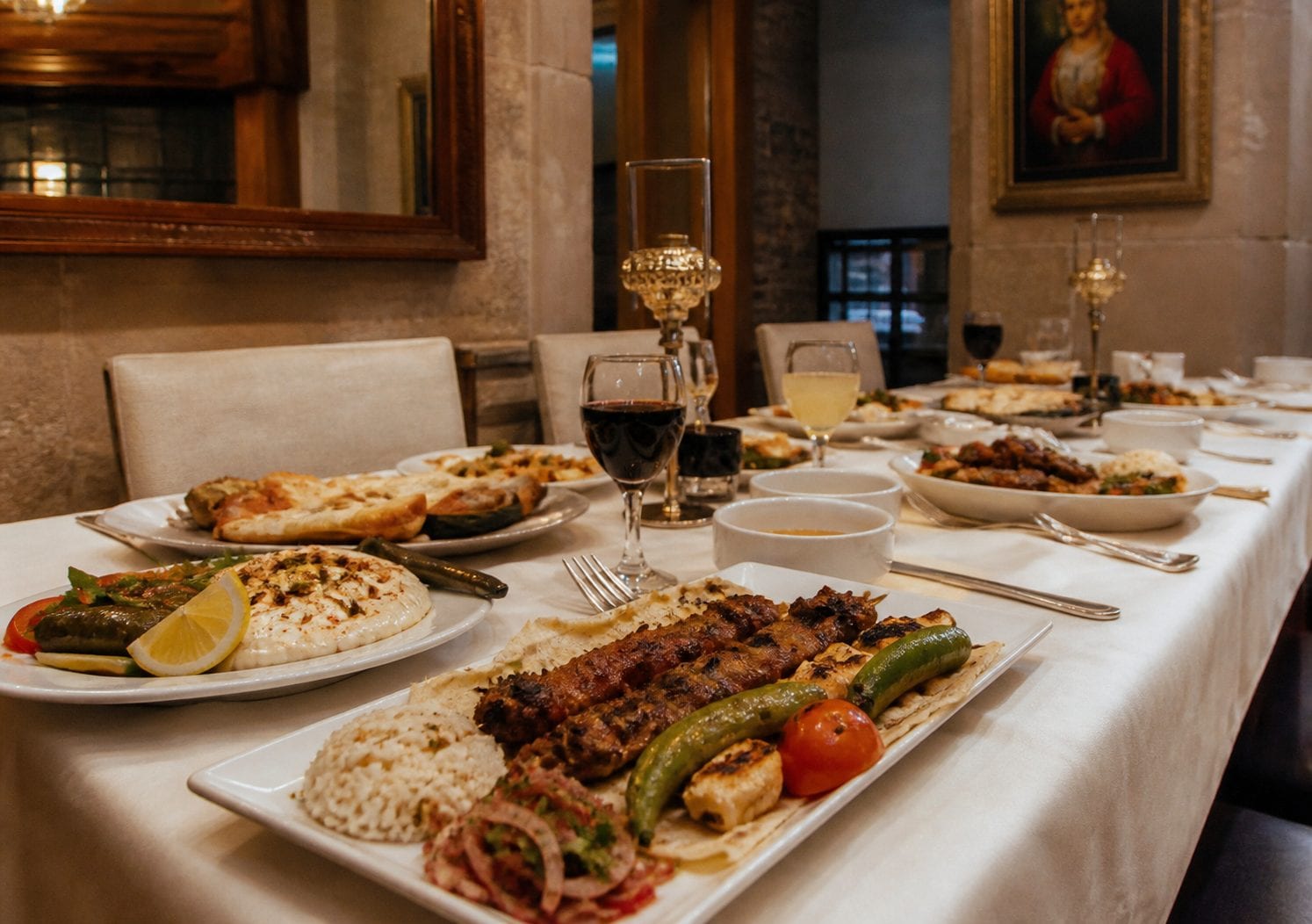 Turkish kebabs, grilled bread, and Eastern Mediterranean dinner spread