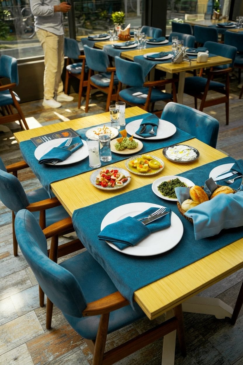 People dining at a Mediterranean restaurant in Ottawa with winter coats on nearby chairs