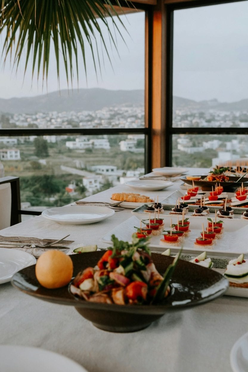 Mediterranean table with dips, bread, and dinner plates set for common questions