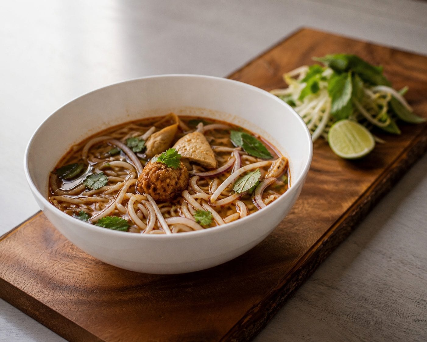 Steaming bowl of pho with fresh herbs and lime
