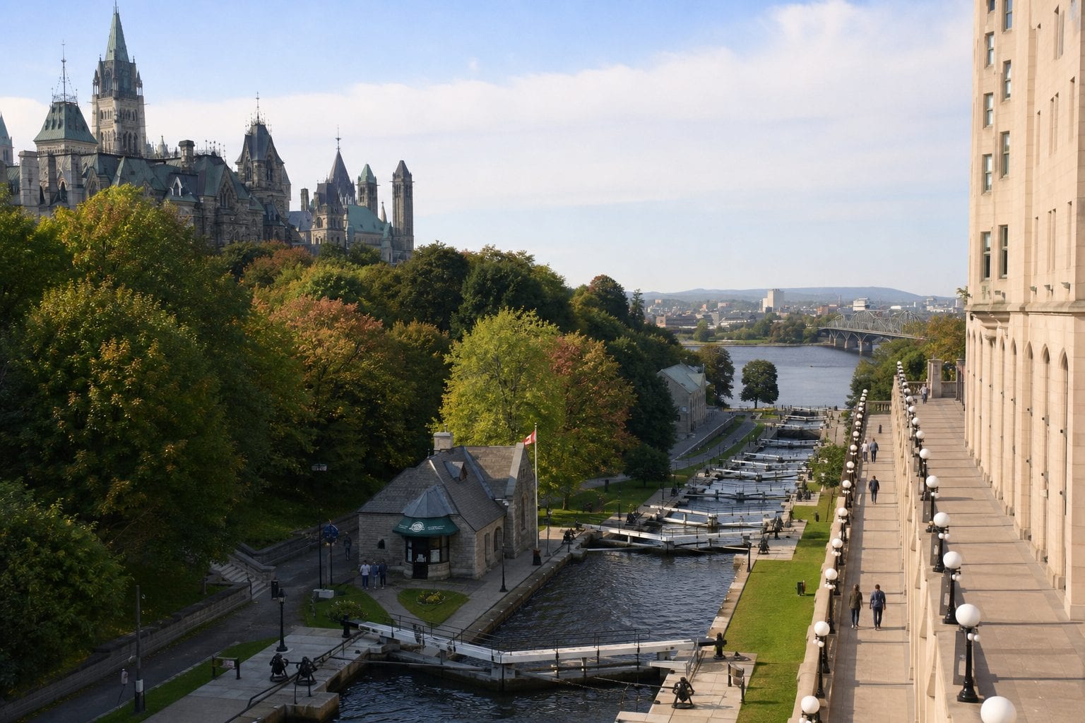 The historic Rideau Canal Locks at Sapper's Bridge with Parliament and Château Laurier in the background