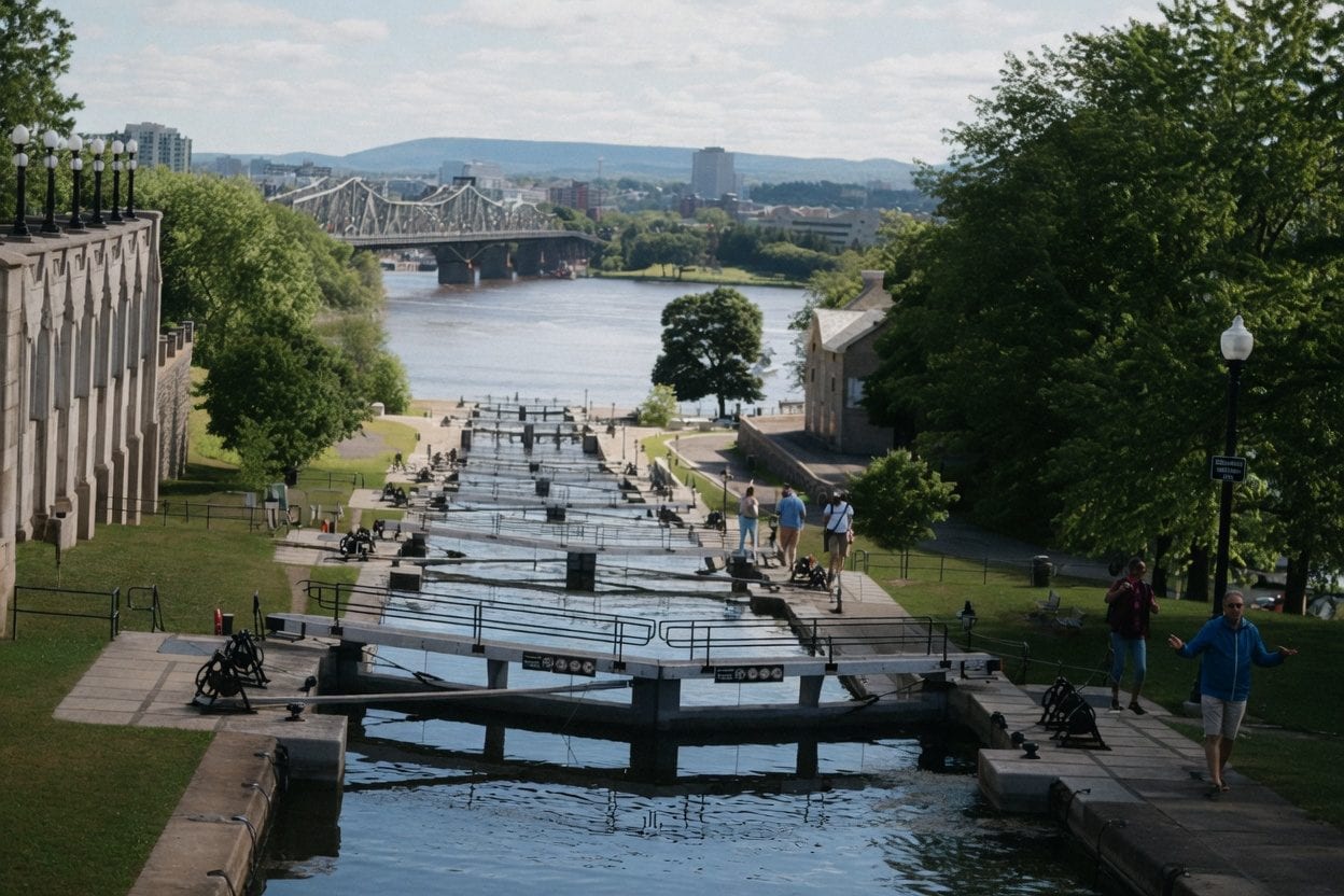 The Rideau Canal running through downtown Ottawa with Parliament in the background