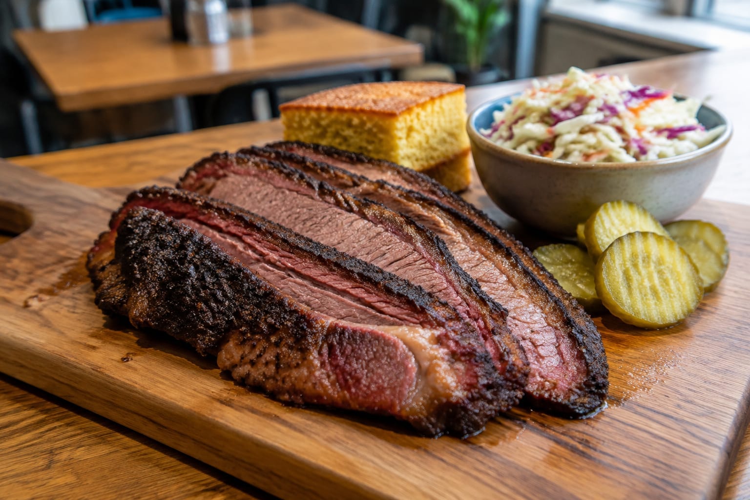 Sliced smoked beef brisket with pickles and coleslaw on a wooden board