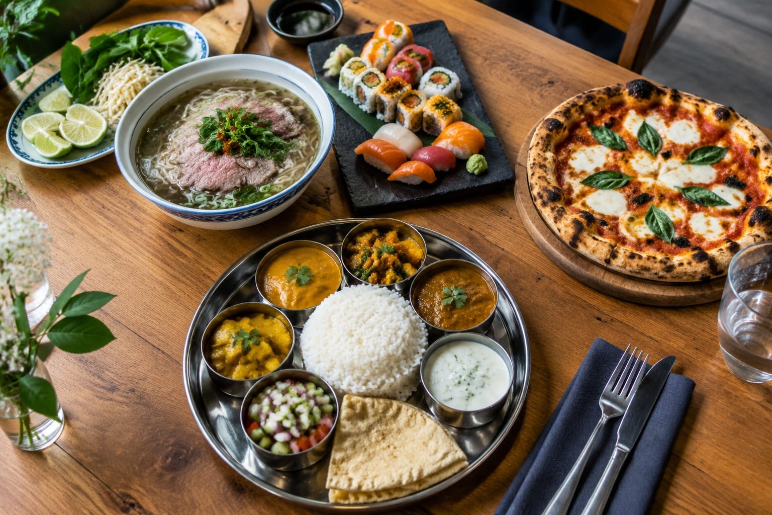 Bowls of pho, a sushi platter, a thali tray and a pizza on one long table