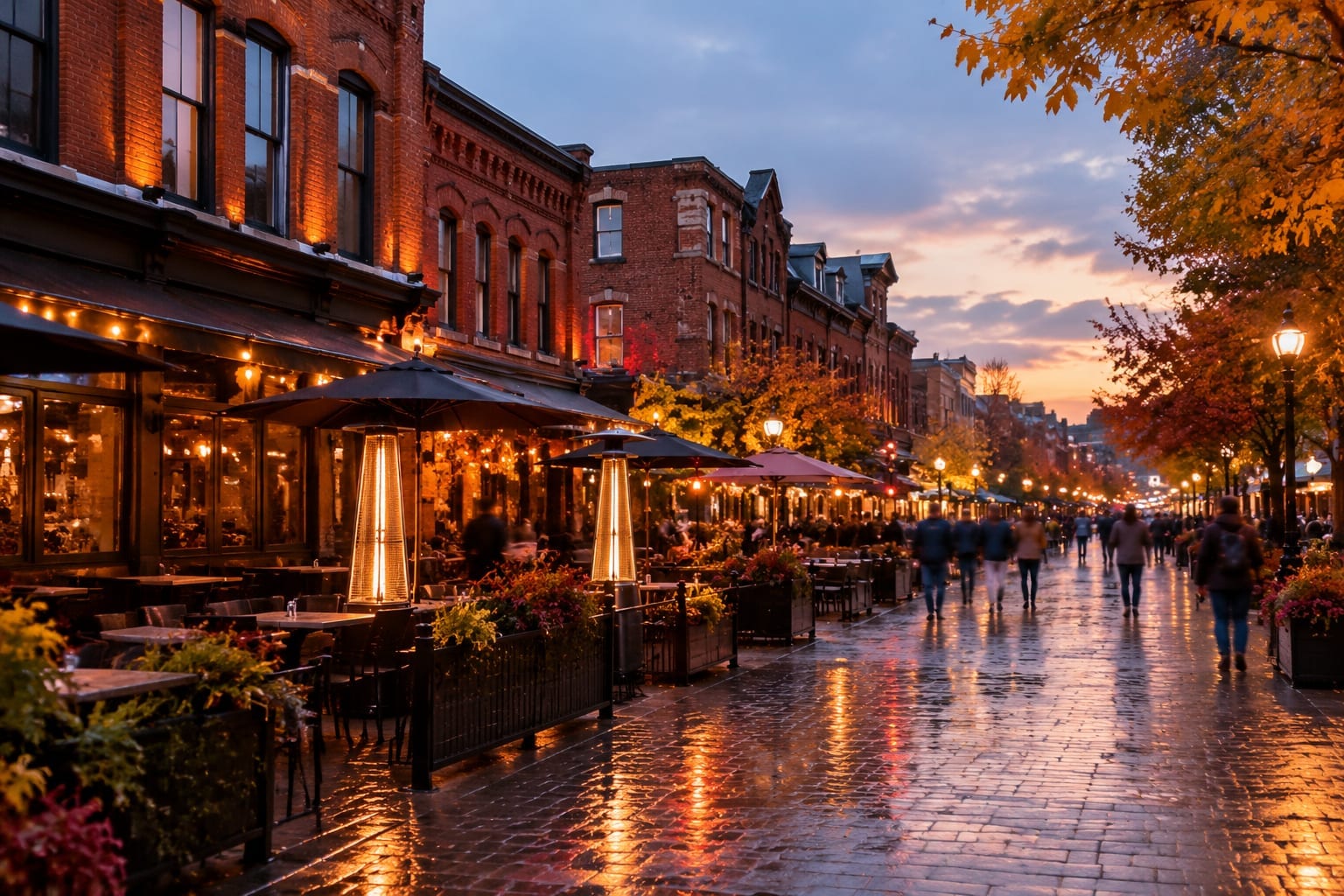 ByWard Market street at dusk with lit restaurant patios and heritage brick buildings