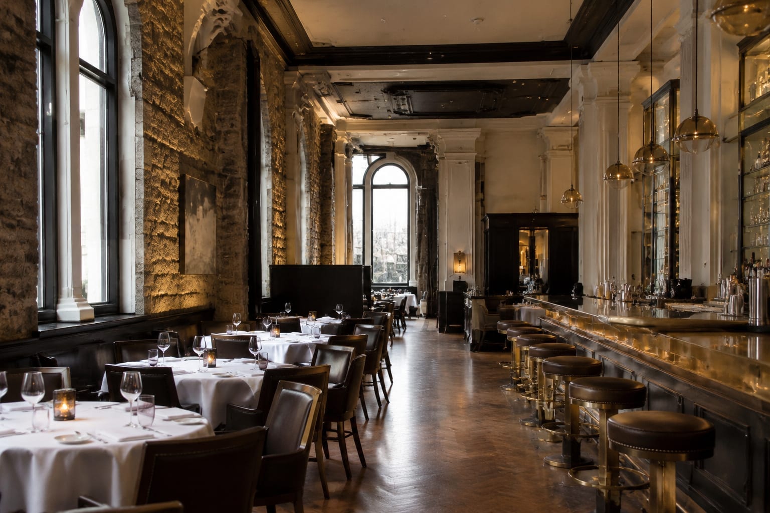 Elegant downtown dining room with a long brass bar, white tablecloths and high ceilings