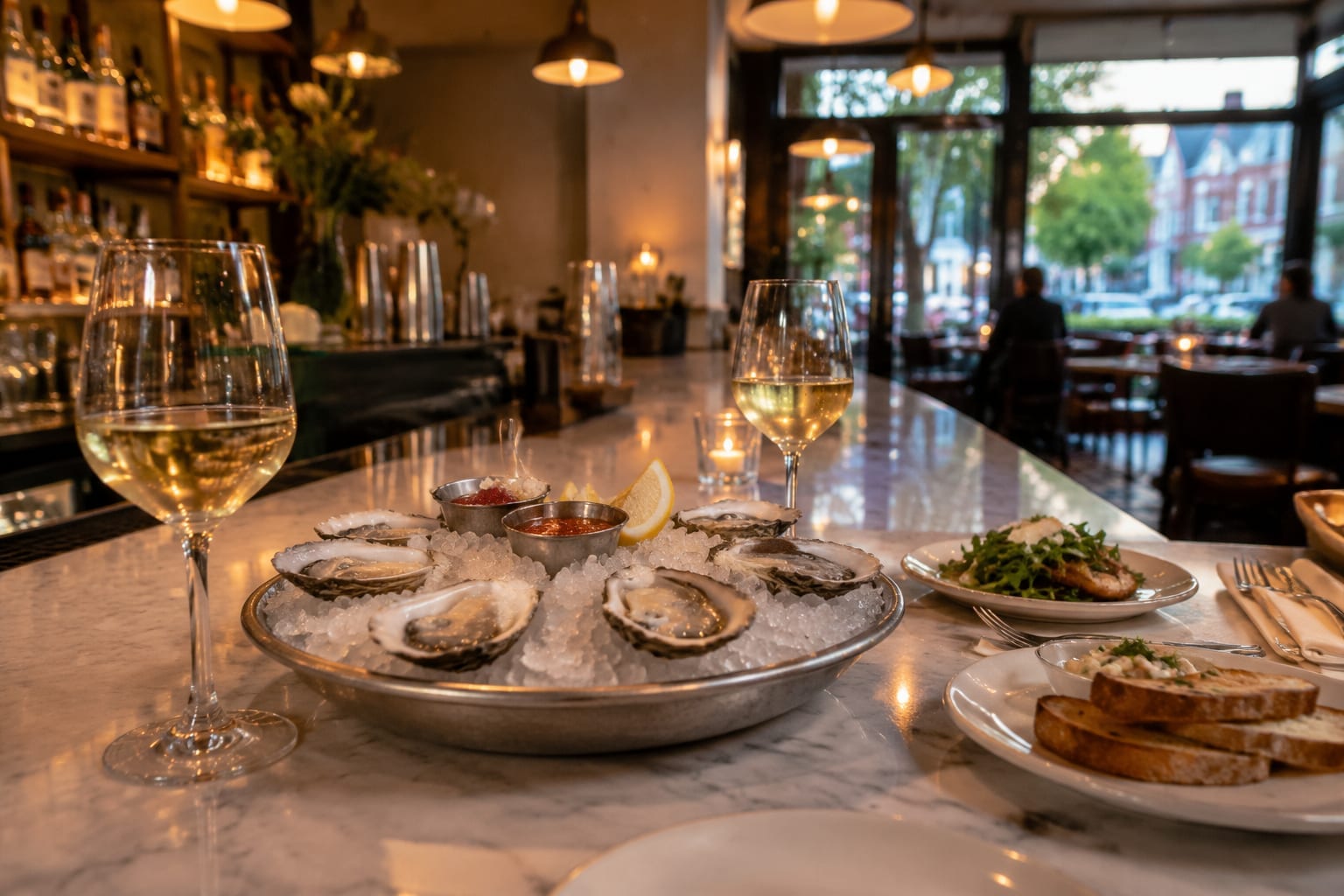 Neighbourhood bistro bar with oysters on ice, small plates and white wine on marble