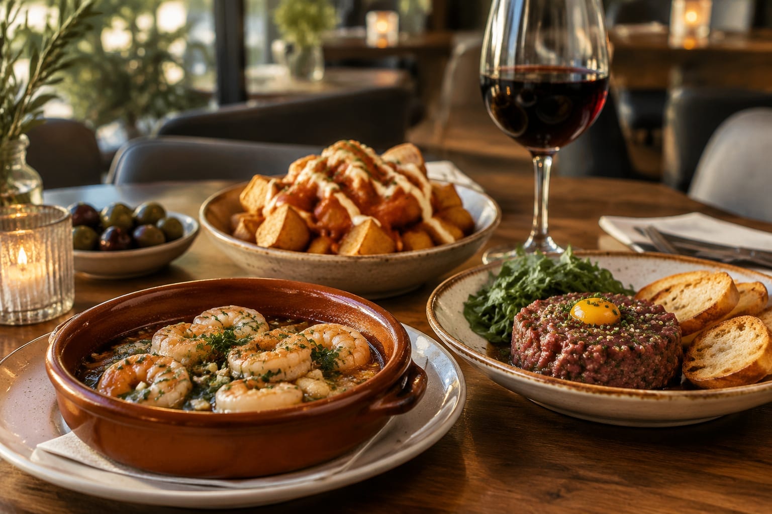 Mediterranean sharing plates of garlic shrimp, patatas bravas and steak tartare with wine