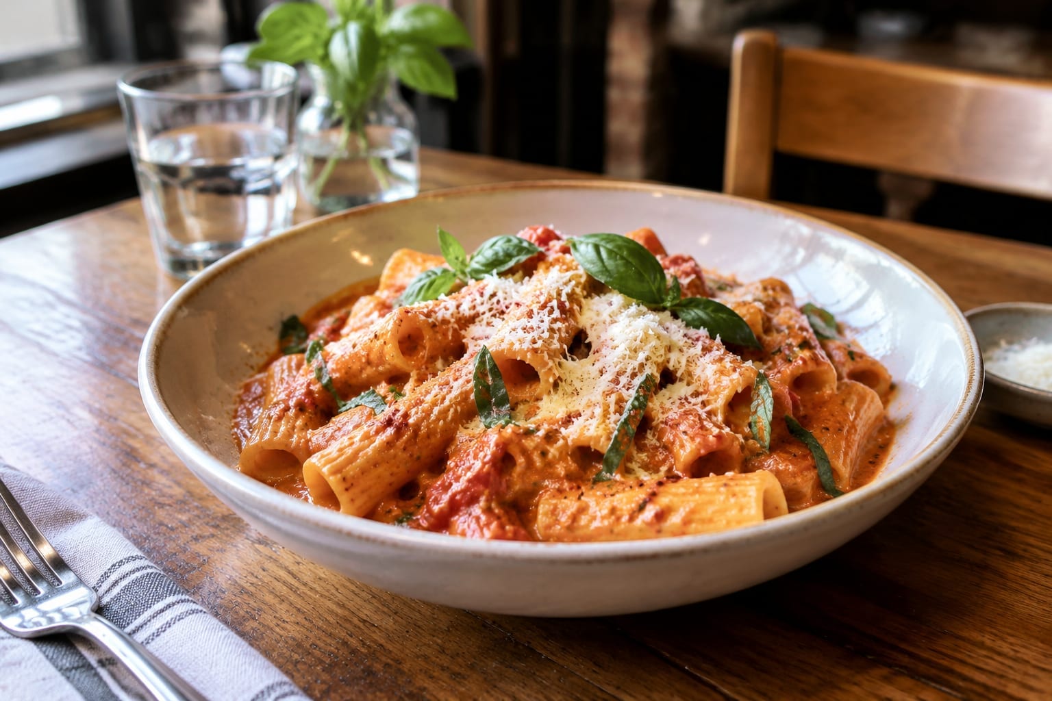 Fresh rigatoni in tomato sauce with basil and grated cheese on a rustic table
