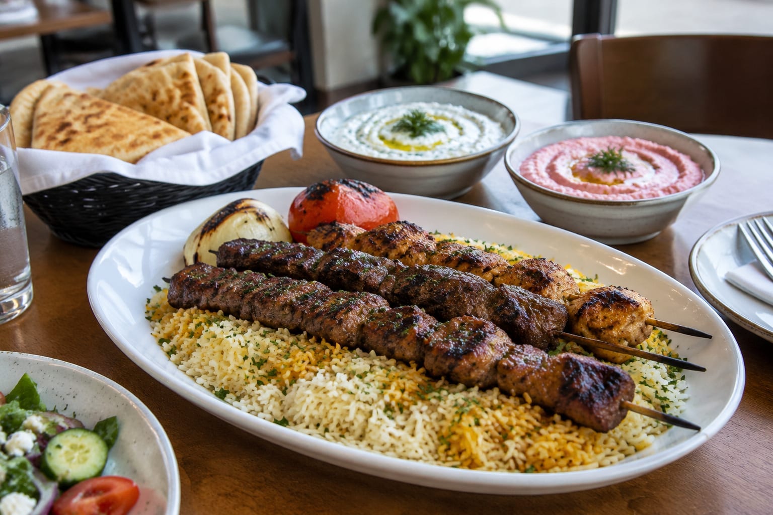 Afghan kabab platter with rice beside Greek meze dips and warm pita