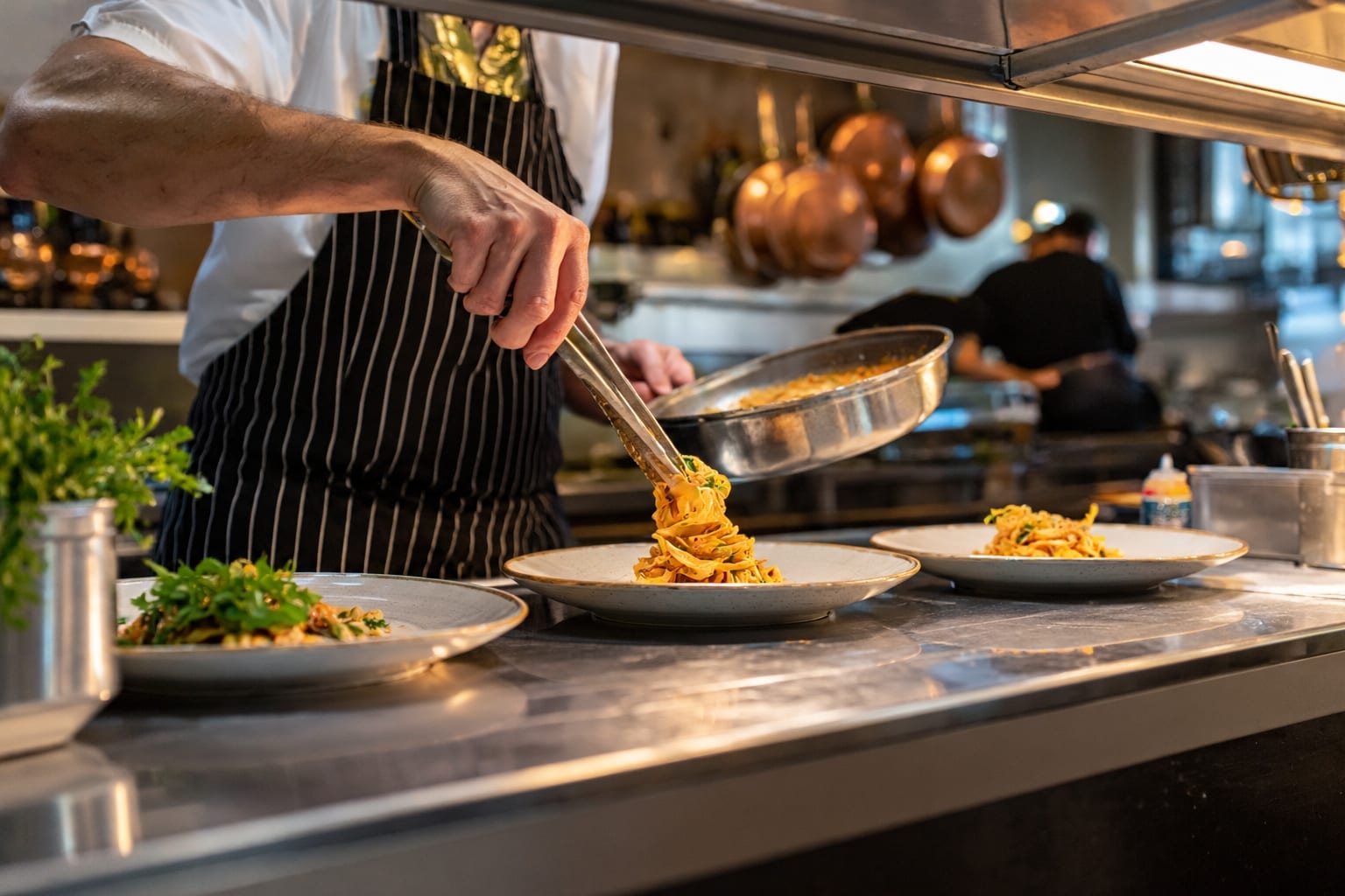 Open restaurant kitchen with a cook plating handmade pasta under warm lights