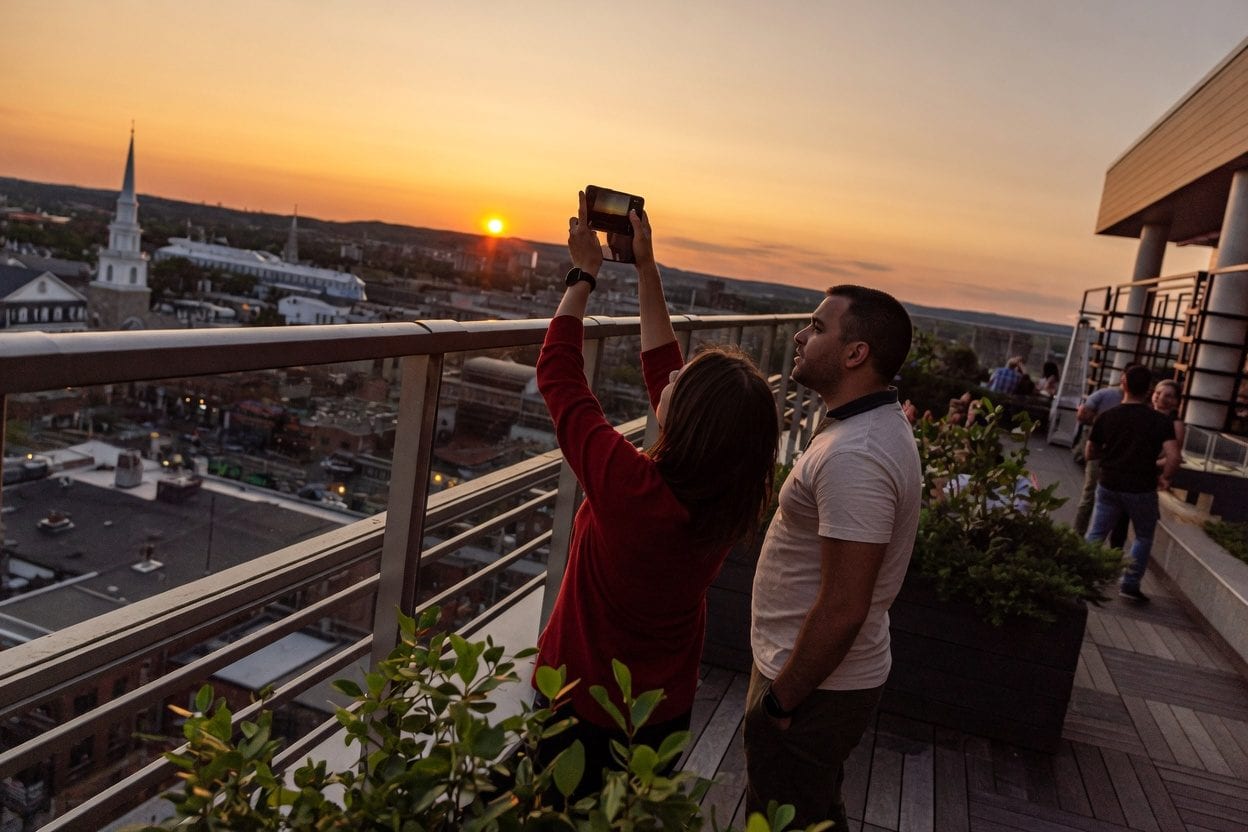 Copper Spirits and Sights rooftop at sunset with Ottawa skyline views for rooftop bar questions