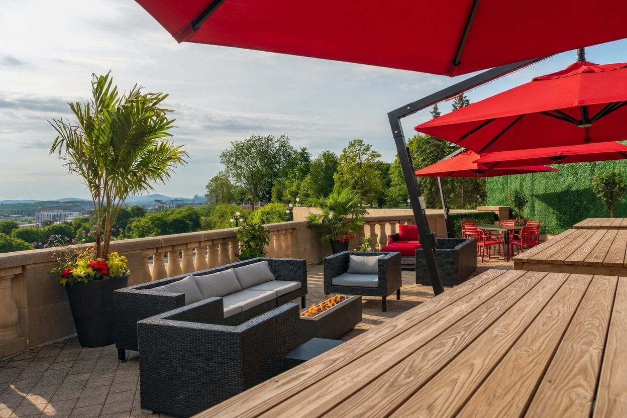 La Terrasse outdoor seating with red umbrellas, greenery, and Ottawa terrace views