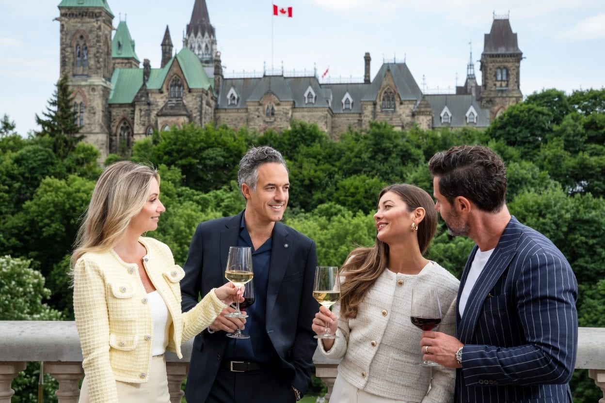 Group enjoying drinks at La Terrasse with Parliament Hill and Ottawa landmark views behind them