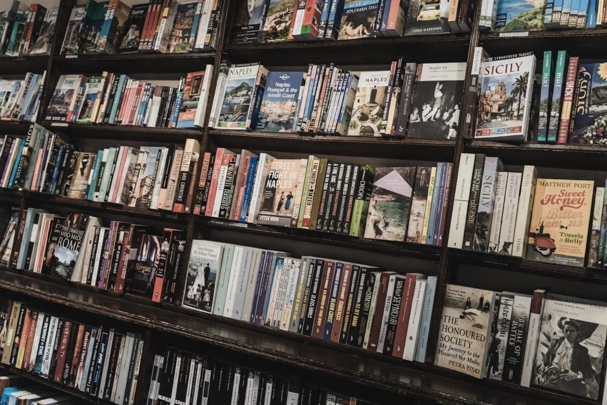 Used bookstore with stacked shelves