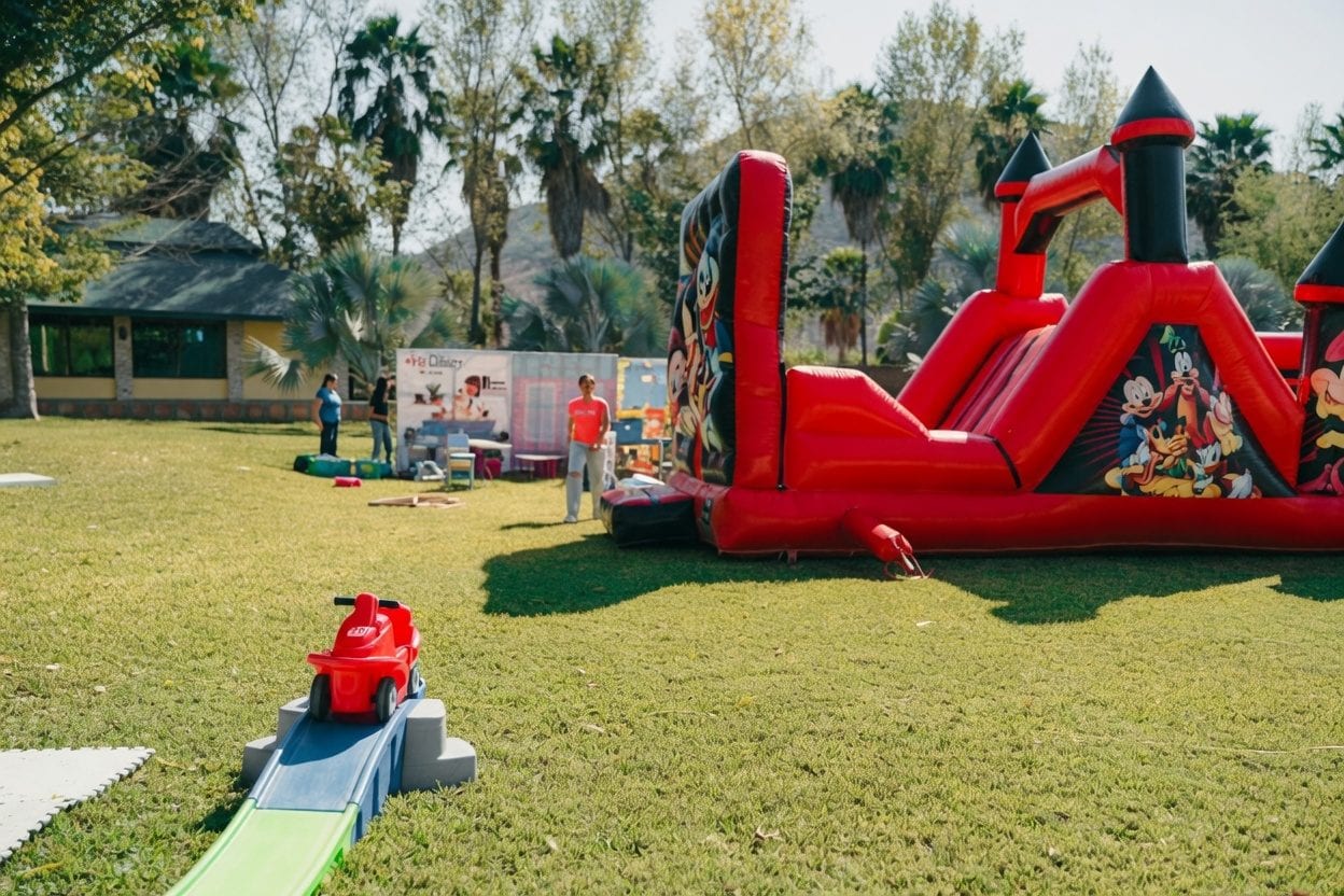 Inflatable obstacle course set up on a field