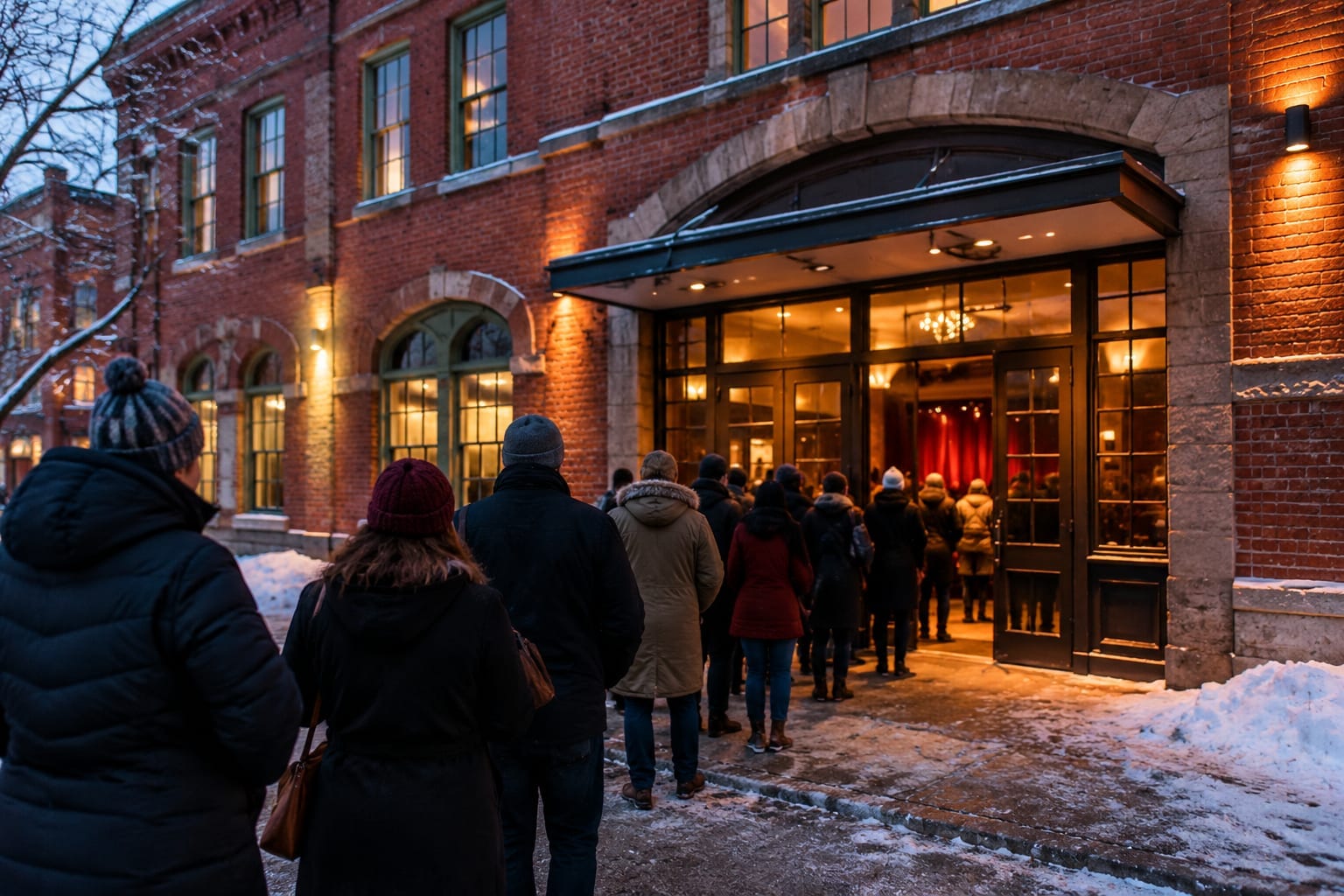 Concertgoers in winter coats lining up outside a brick theatre entrance at dusk in downtown Ottawa