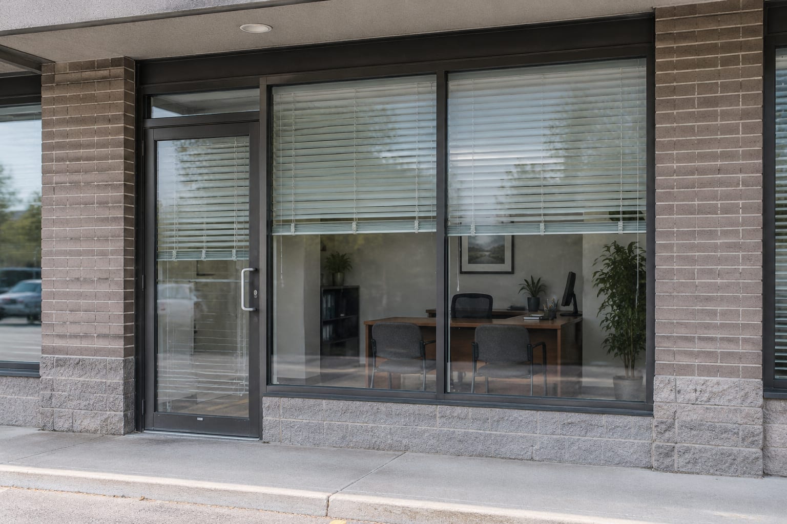 A small independent insurance office in an Ottawa commercial strip with a plain glass storefront
