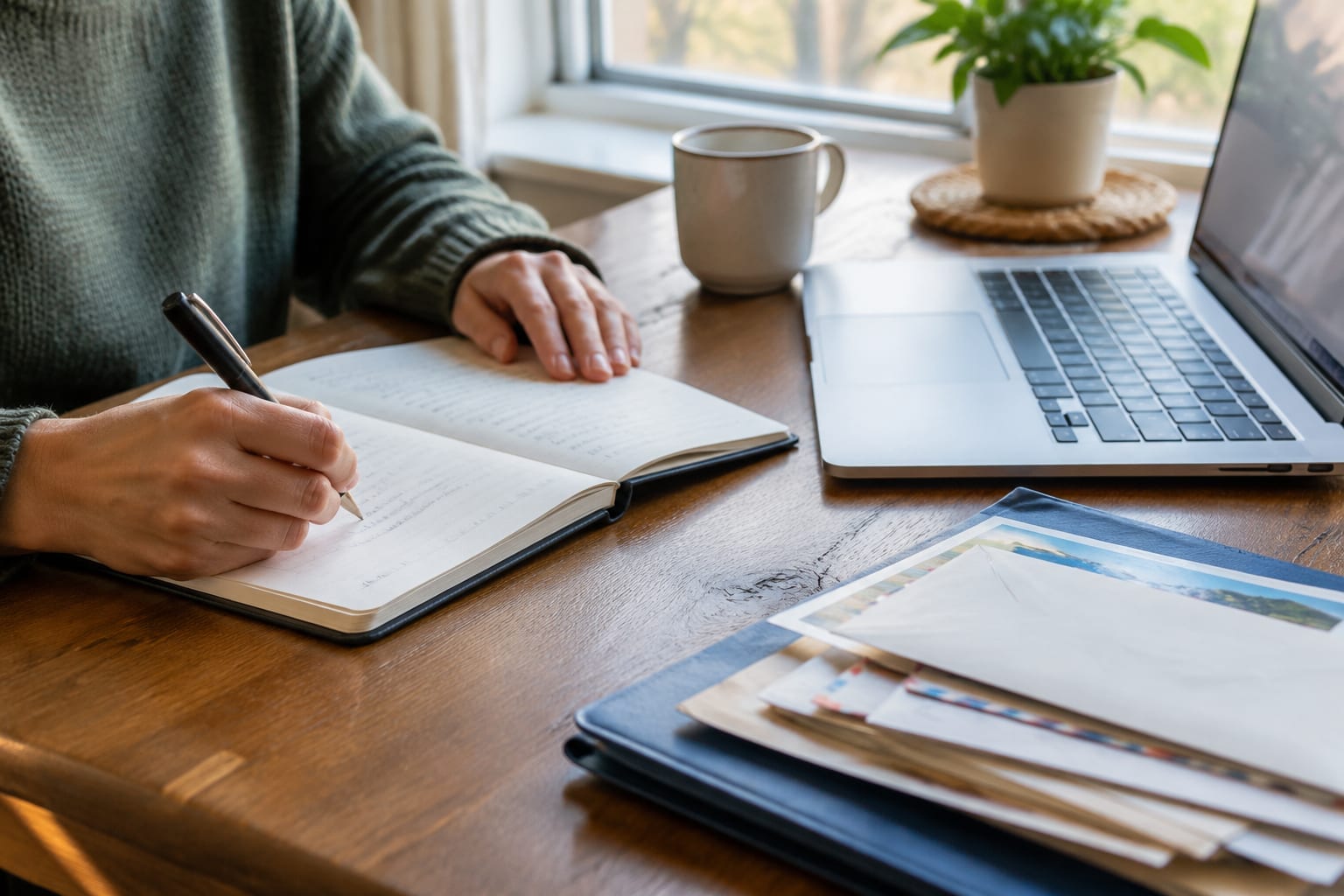 A person writing notes beside a laptop and a folder of insurance letters at a home desk