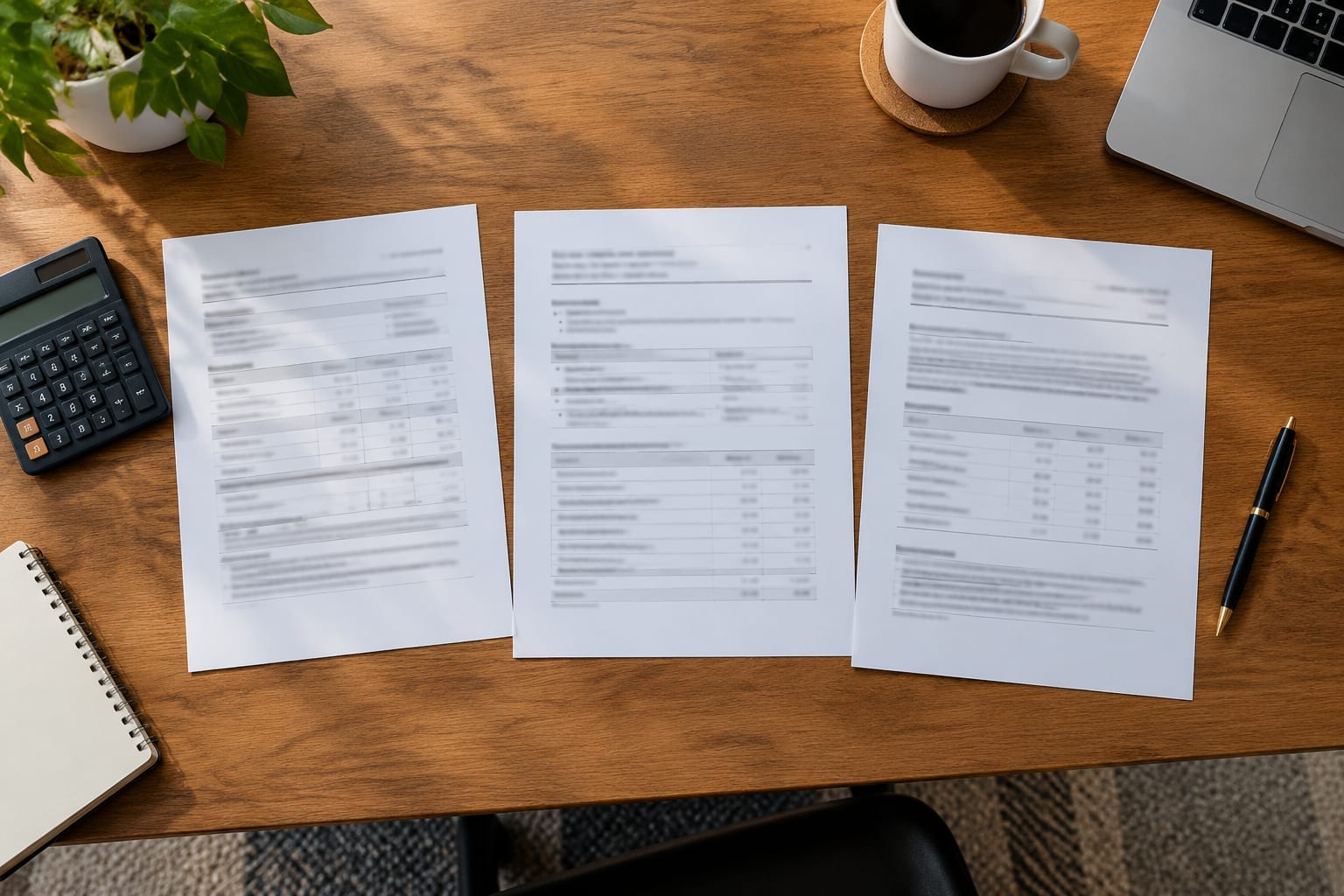 A person comparing three printed insurance quotes side by side on a desk beside a calculator