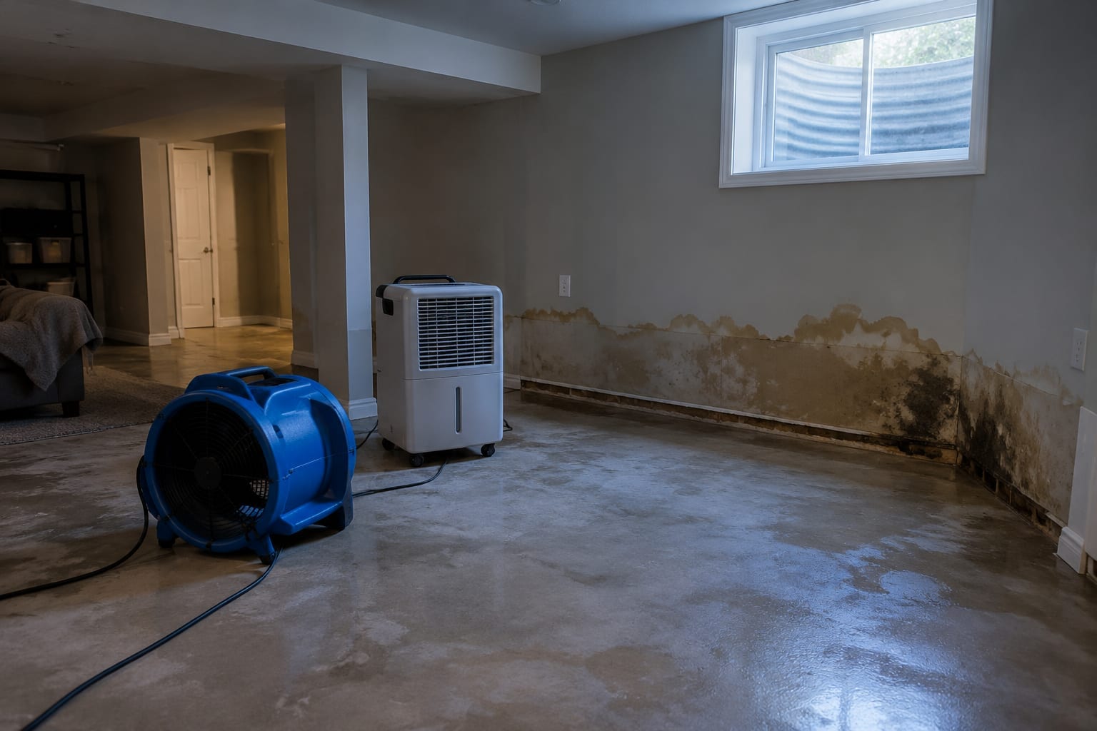 A finished basement in an Ottawa home with water-stained drywall and a dehumidifier running on the floor