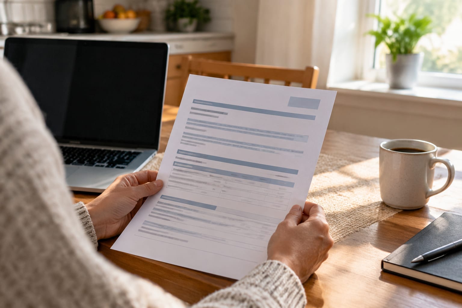 A driver reviewing an insurance renewal document at a kitchen table with a laptop and a coffee