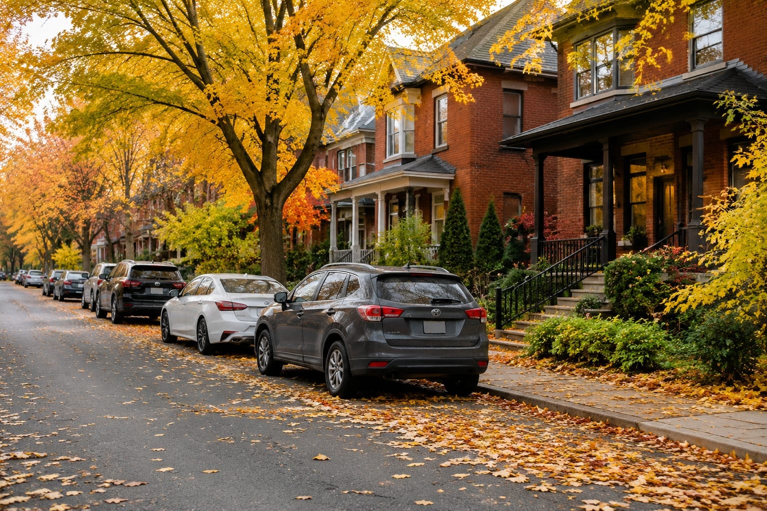 A residential street in an Ottawa neighbourhood in autumn with parked cars and brick houses