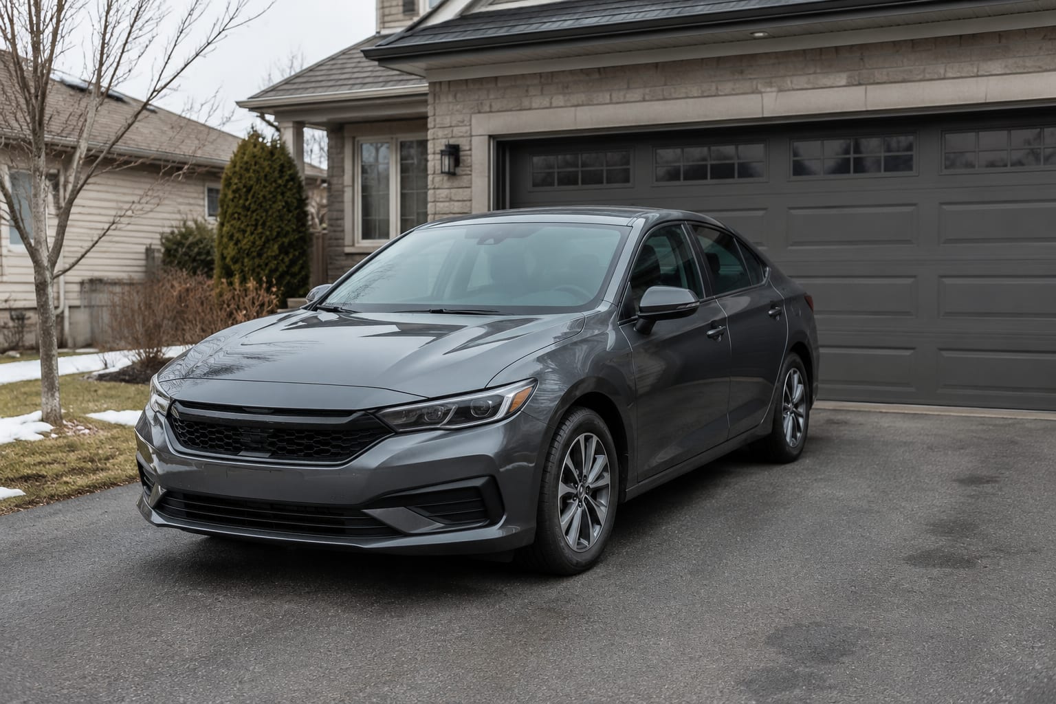 A grey sedan parked in an Ottawa driveway beside a house on a quiet residential street