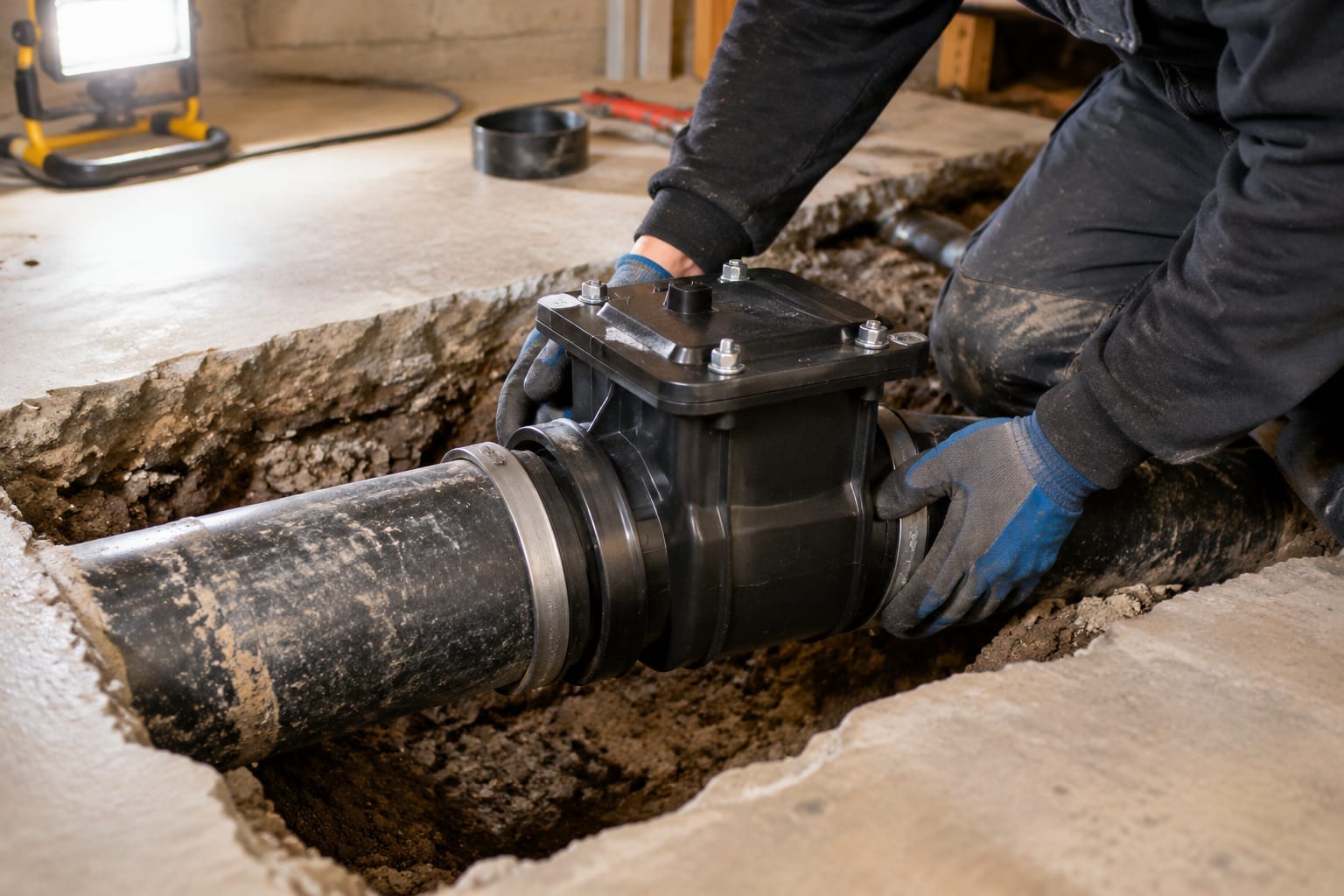 A plumber's hands fitting a backwater valve into a drain pipe in an unfinished basement floor
