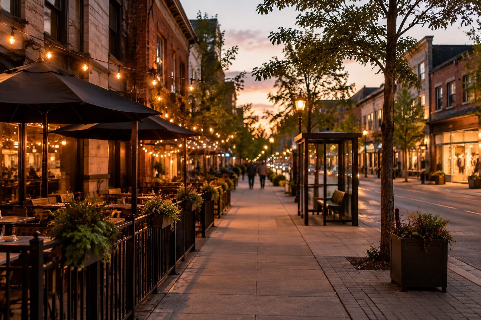Restaurant patios with string lights along a busy downtown Ottawa street at dusk