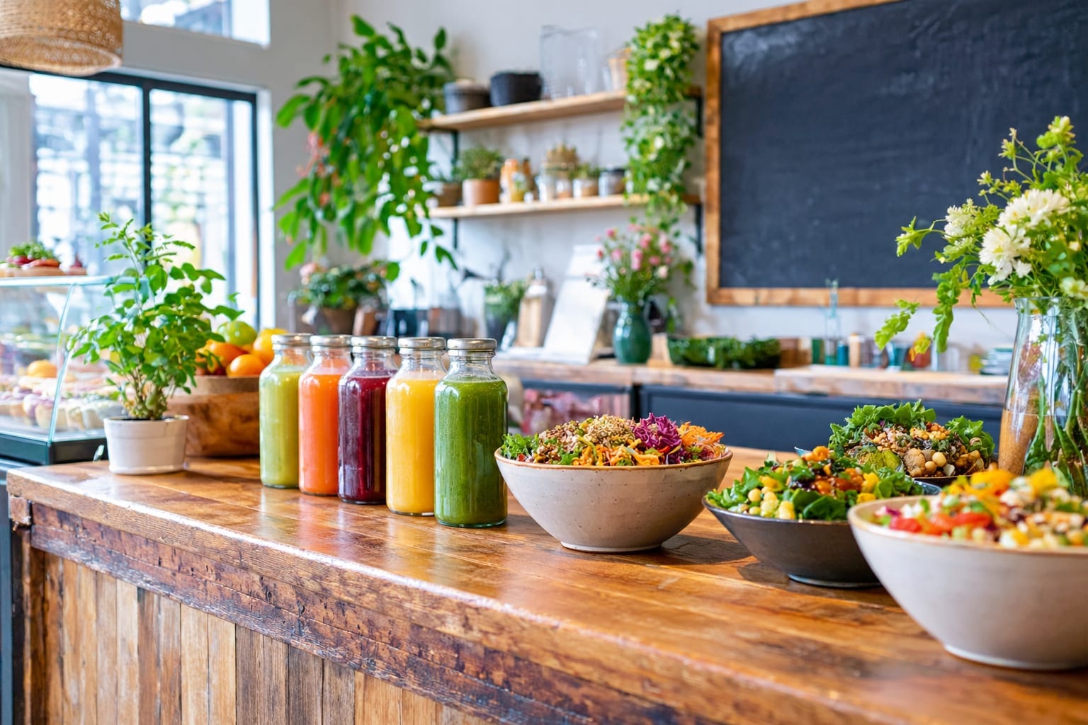 A vegetarian restaurant counter with fresh juices and bowls of salad