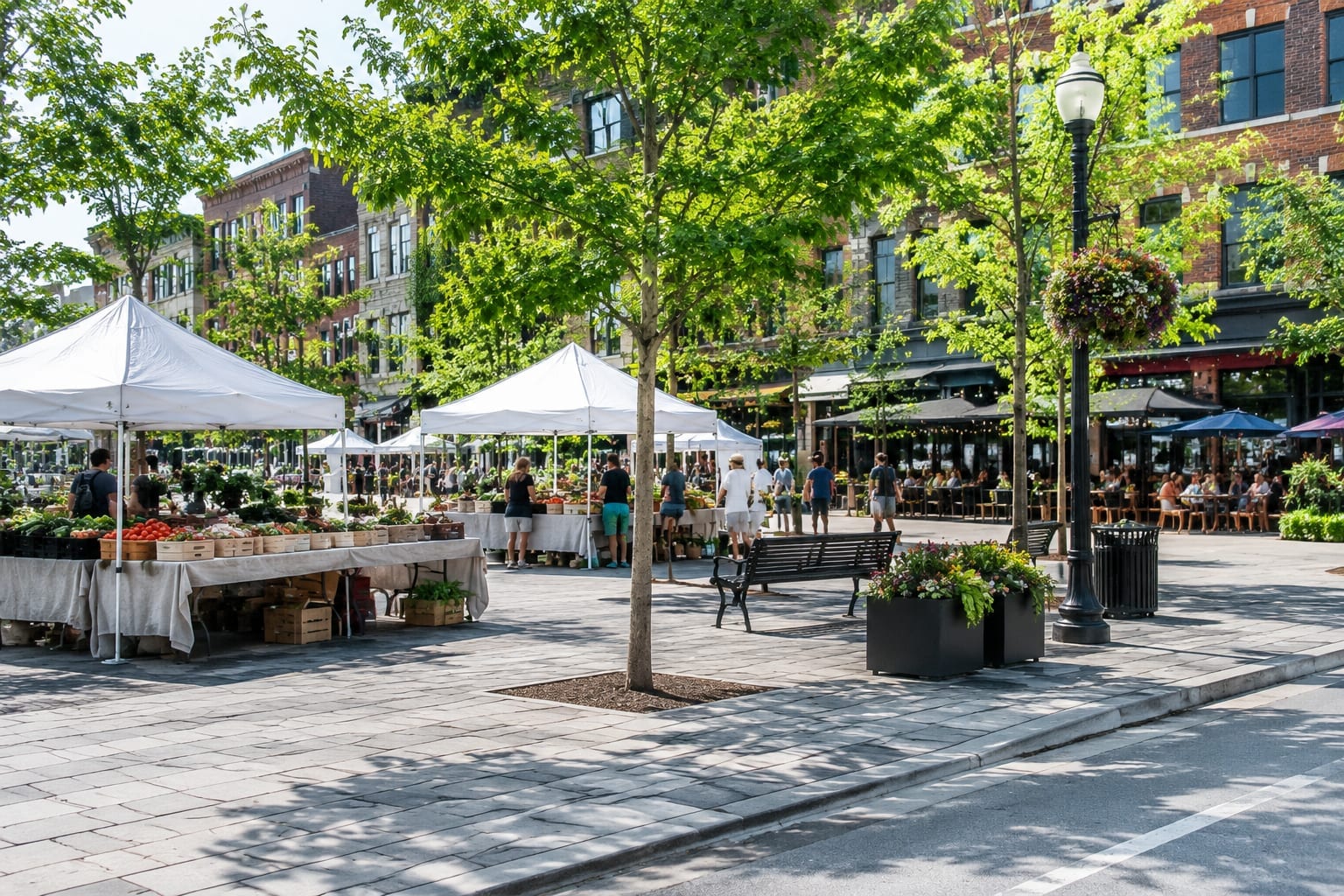 Small urban square with farmers' market tents and restaurants on a city street